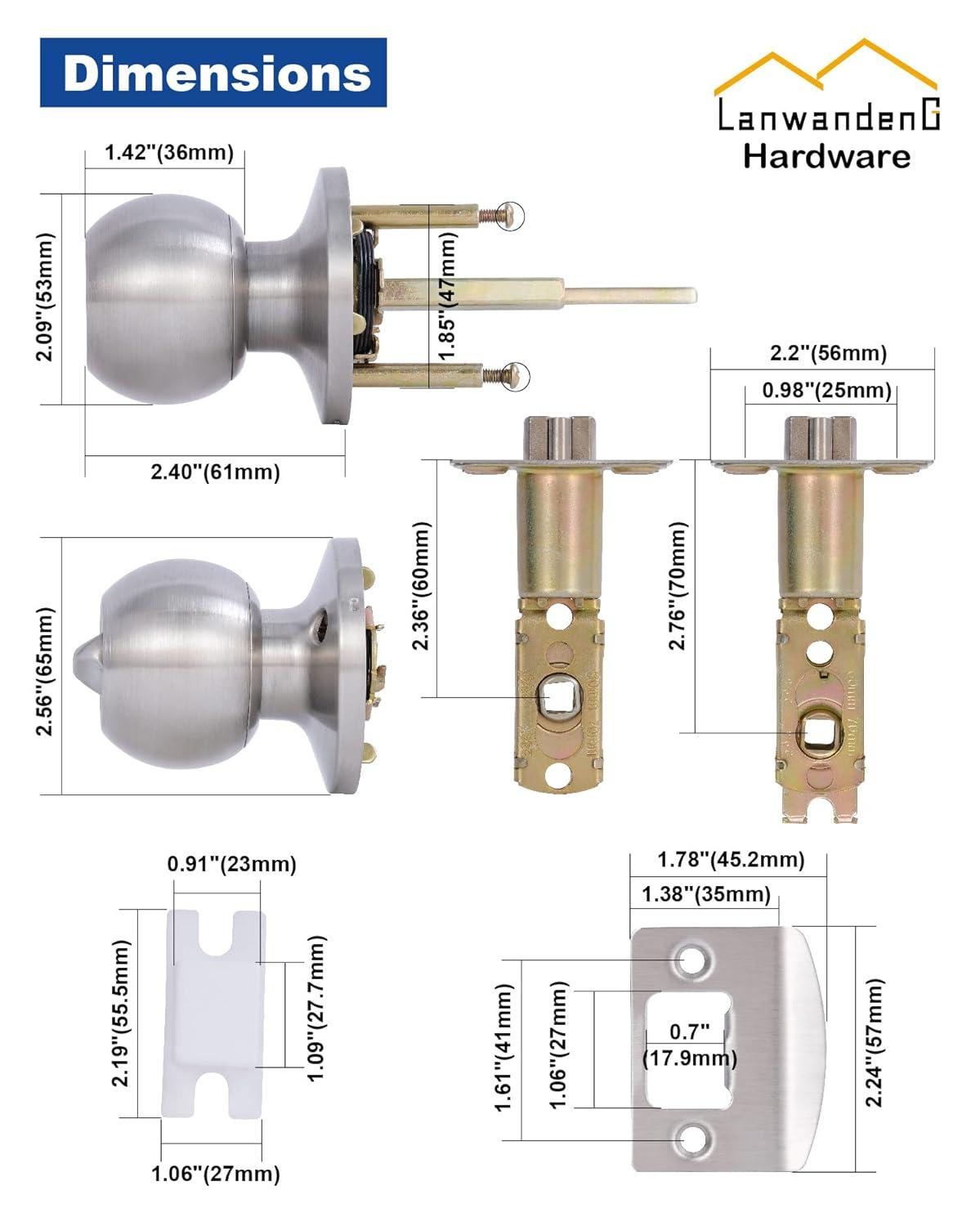 Lanwandeng Door Knobs with Lock, Satin Nickel, Hardware Handle, Keyed Entry for Bathroom or Bedroom