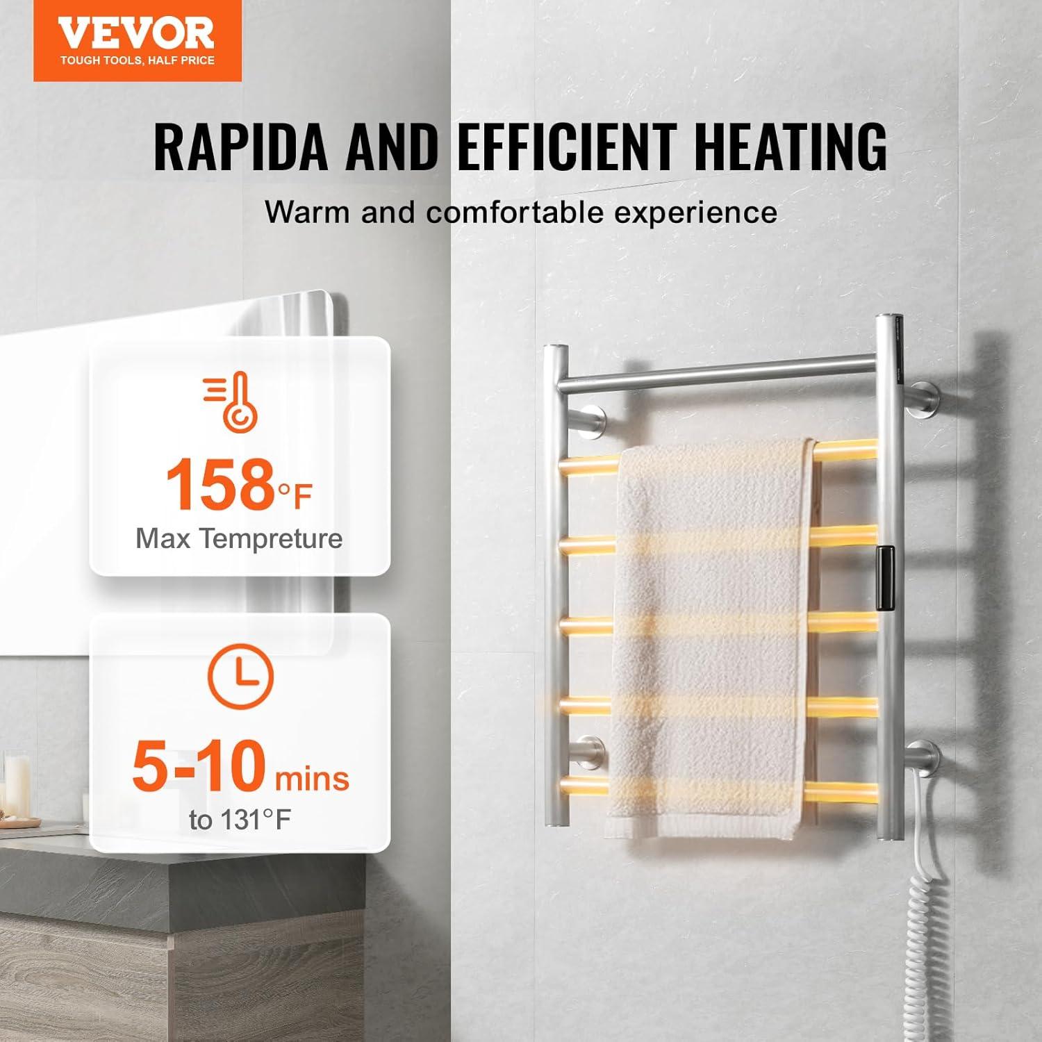 VEVOR 6 Bars Towel Warmer Rack, Wall Mounted Heated Towel Rack for Bathroom, IPX5 Waterpoof Towel Heater Rack with Timer & Display Screen, Silver