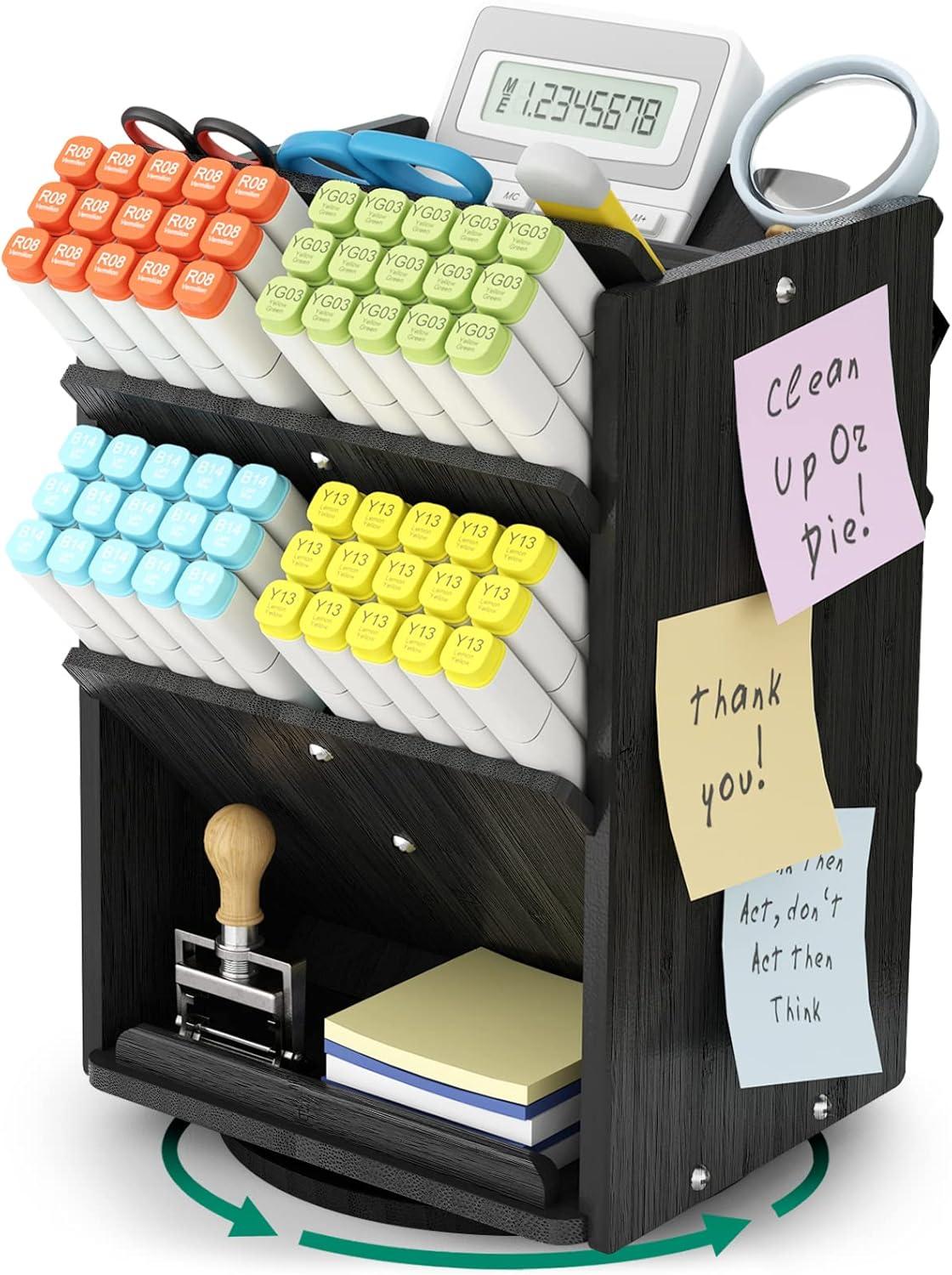 Bamboo Desk Organizer Storage Accessories - Ultra-large 13 compartments, 1000+ Pencil Holder Capacity, Easy DIY Assembly, Rotating Desktop Organizer, Cosmetics, and Office Supplies