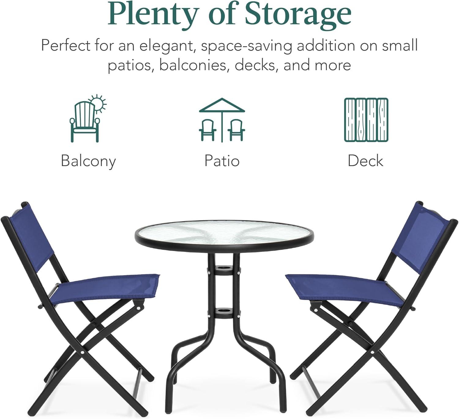 George Oliver 3-Piece Patio Bistro Dining Furniture Set W/ Glass Tabletop, Folding Chairs