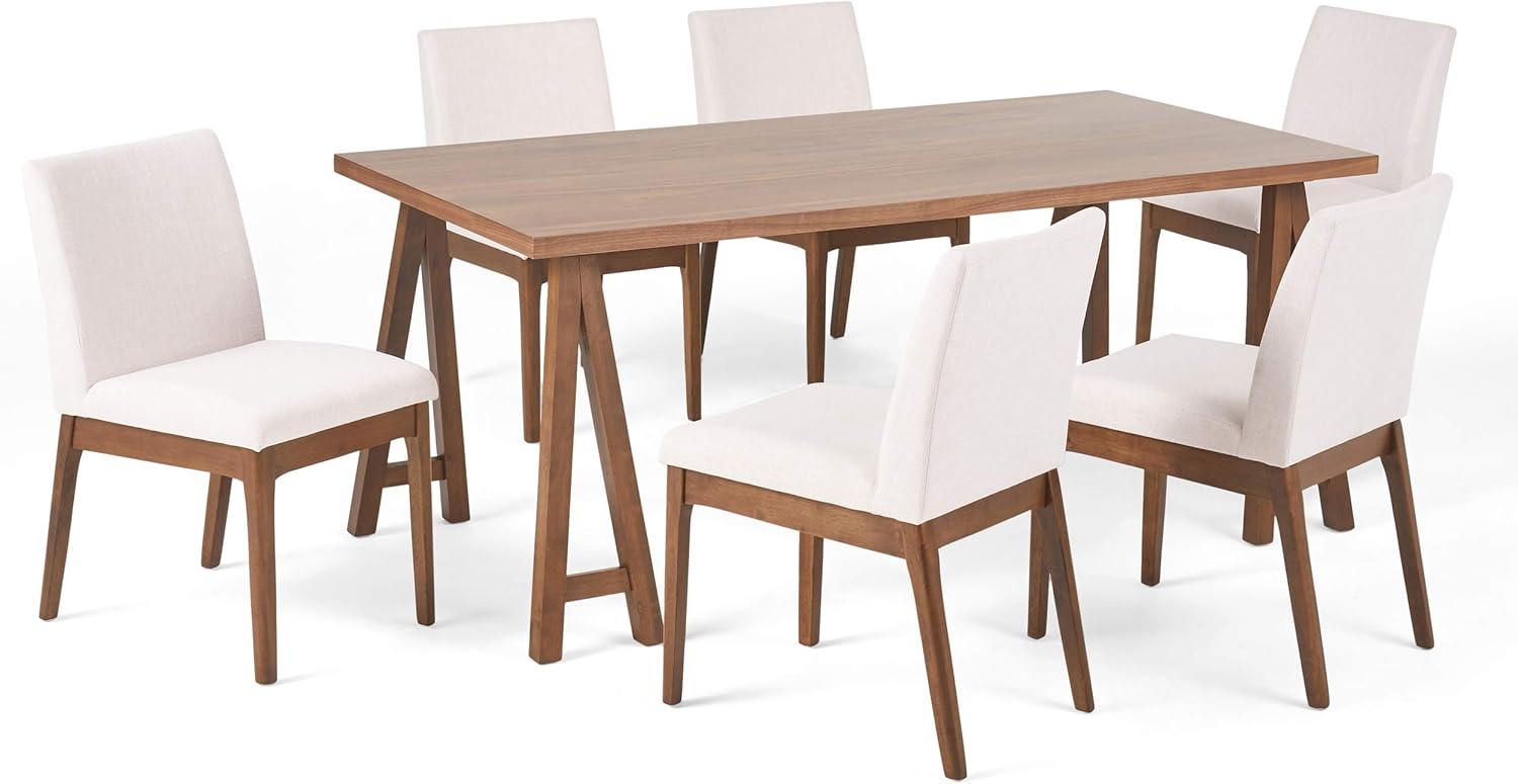 Christopher Knight Home Orrin 7 Pieces Mid Century Modern Upholstered Wood Dining Set, Light Beige/Walnut