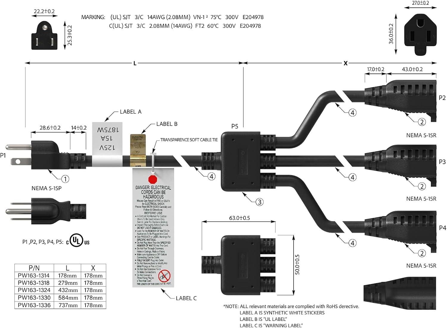 Black Heavy Duty 3-Outlet Power Extension Splitter Cord