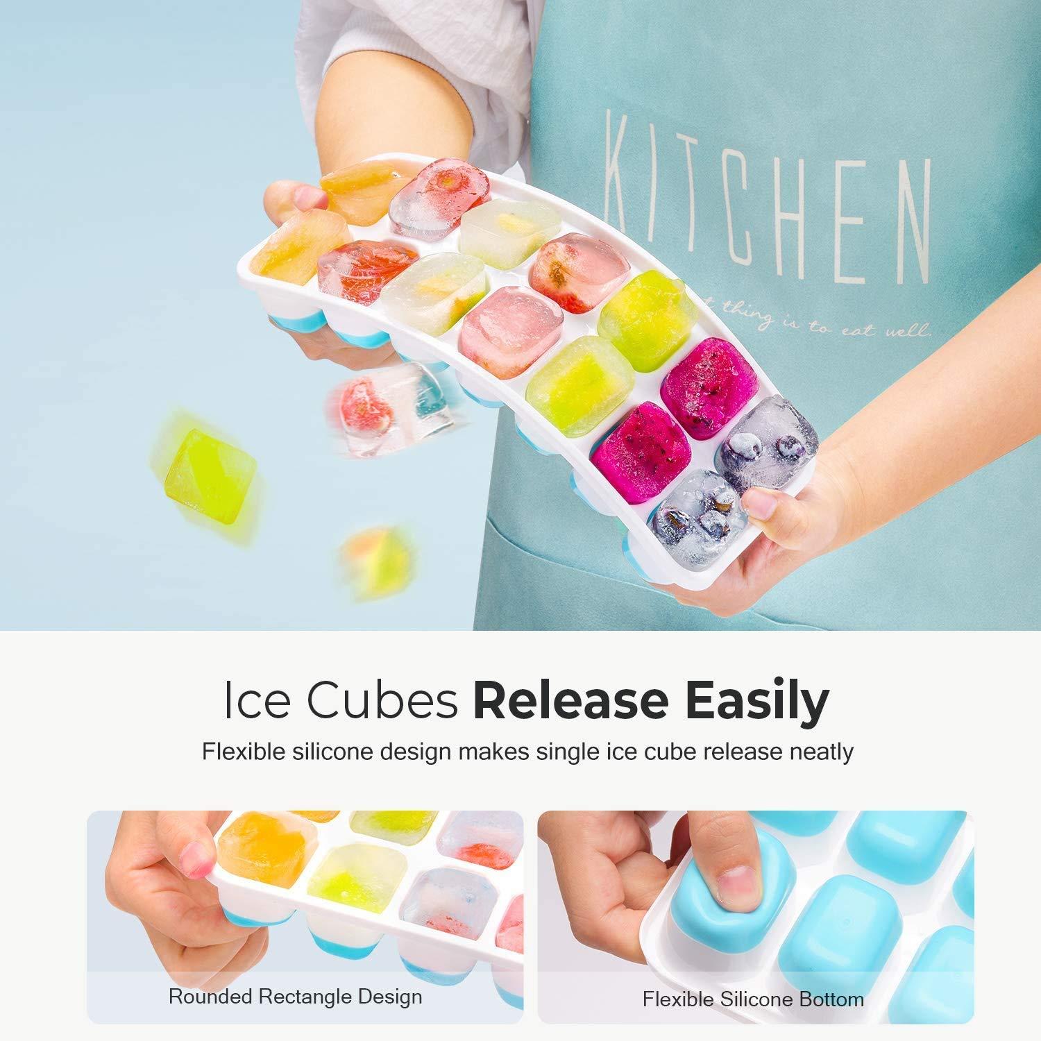 4 Bandejas de Hielo, Silicona con Tapa Extraíble, Bandejas de 14 Hielos Flexibles de Fácil Liberación, Moldes de Hielo Duraderos, Fundas Apilables y Extraíbles para Cócteles, Congeladores y Cervezas