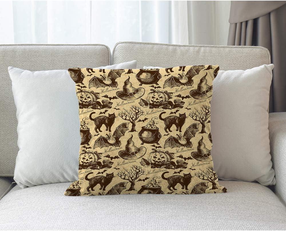Moslion Halloween Pattern Throw Pillow Covers Retro Vintage Style Animal Cat Pumpkin Owl Bat Witch Hat Tree Pillow Case for Home Decor Halloween Thanksgiving Cushion Cover Cotton Linen 18x18 inch