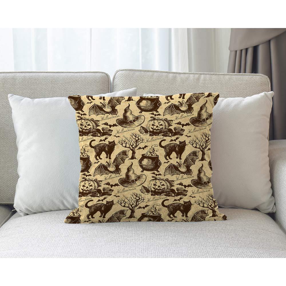 Moslion Halloween Pattern Throw Pillow Covers Retro Vintage Style Animal Cat Pumpkin Owl Bat Witch Hat Tree Pillow Case for Home Decor Halloween Thanksgiving Cushion Cover Cotton Linen 18x18 inch