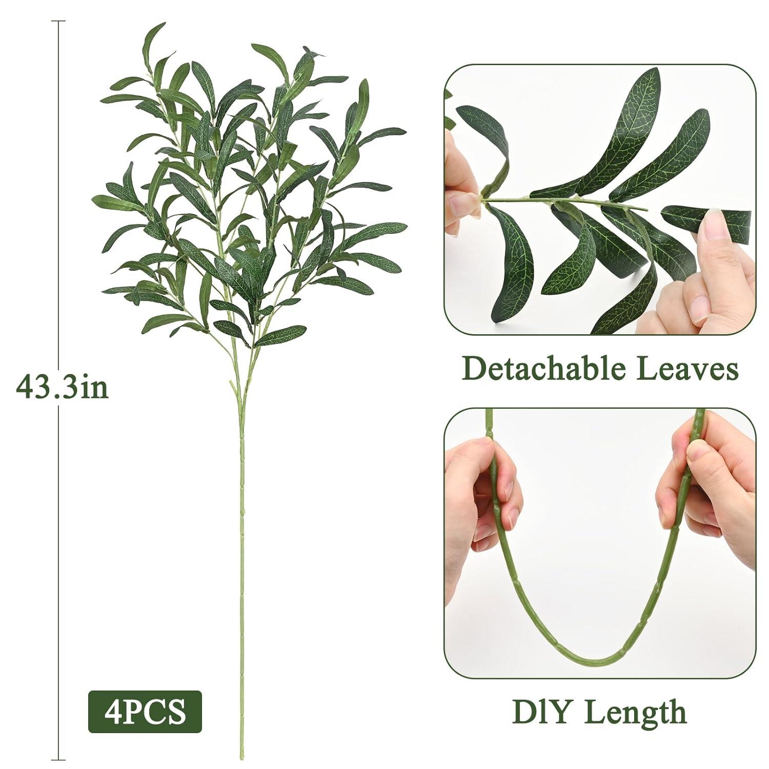 4 Pcs 43.3" Artificial Olive Branches Long Stems Silk Greenery Leaves Tall Fake Plant Greenery Branches Fake Olive Plants for Wedding Party Garden Home Office Indoor Outdoor Decor
