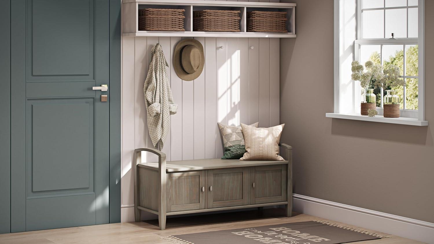 Simpli Home Warm Shaker 44"W Solid Wood Entryway Storage Bench with 3 Cabinets, Shaker-Style Doors and Interior Shelves