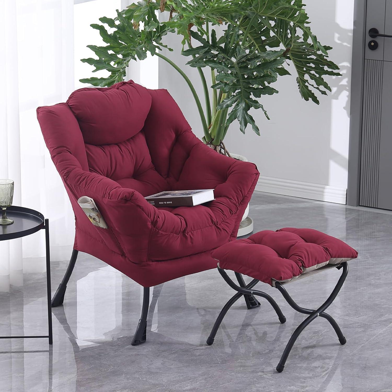 Burgundy Velvet Accent Chair with Ottoman and Metal Frame