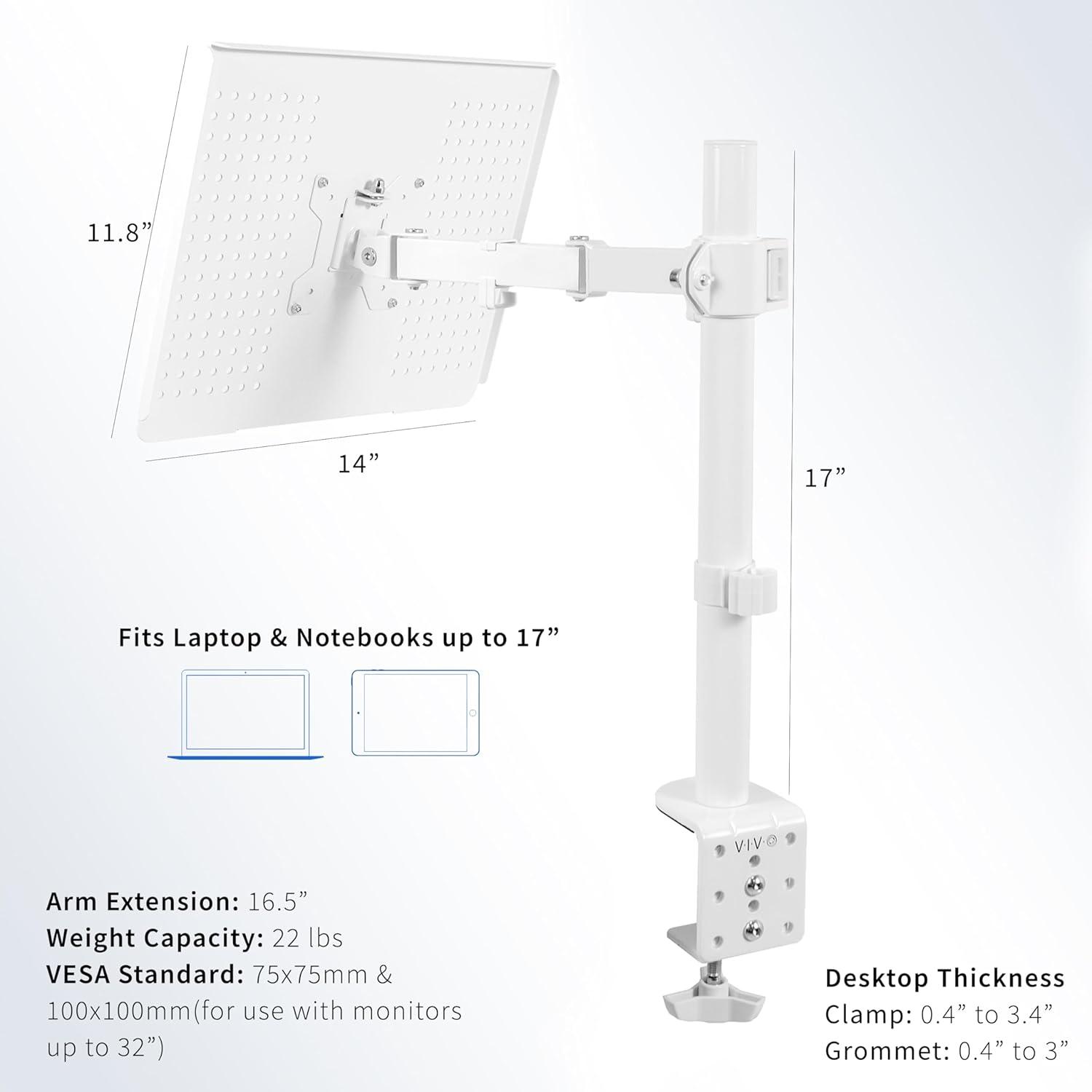 White Adjustable Laptop Desk Mount with C-Clamp and Grommet