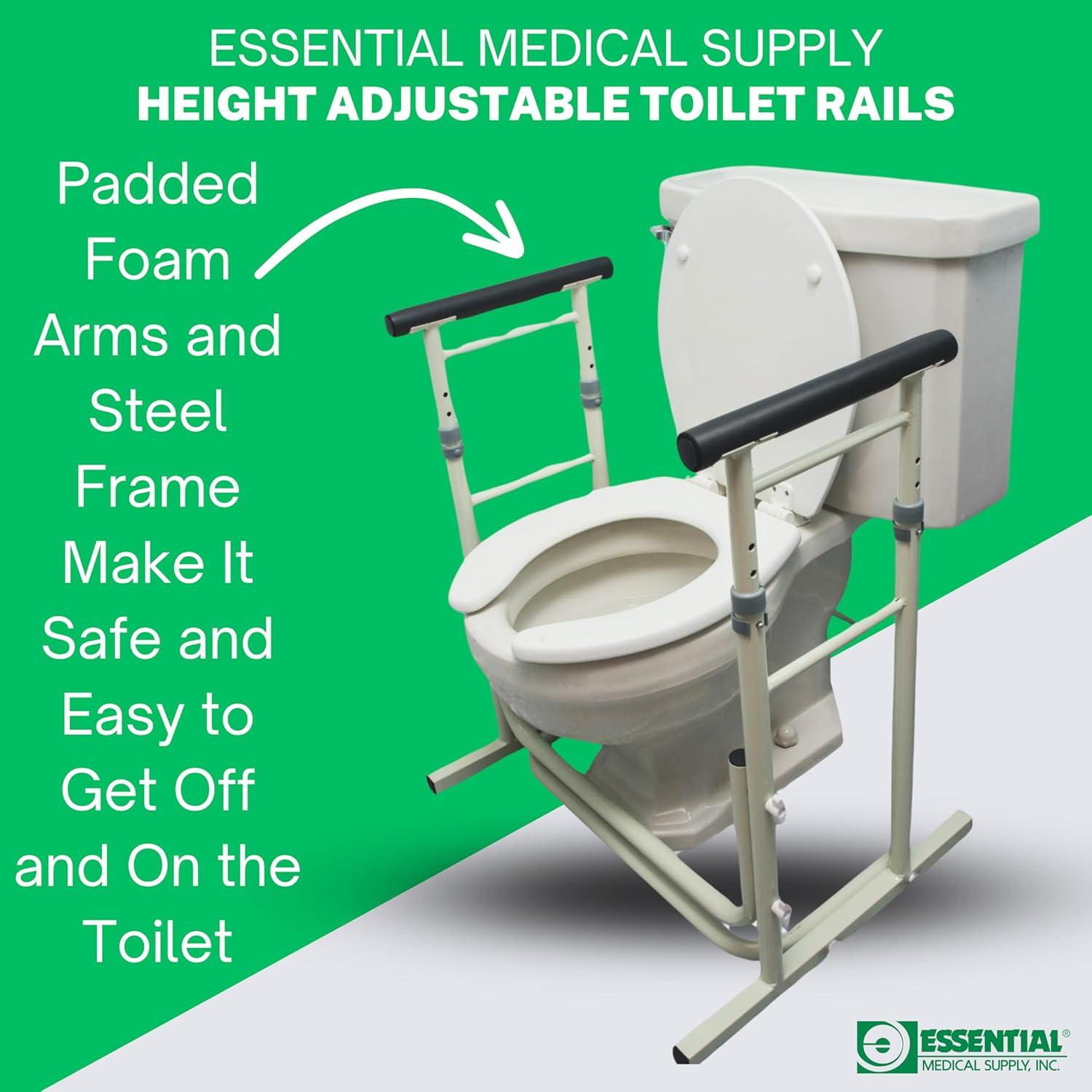 Essential Medical Supply's Height Adjustable Standing Toilet Safety Rail - Sturdy Frame with Foam Handles for Elderly and Seniors, Perfect for Added Safety and Support While Using The Toilet