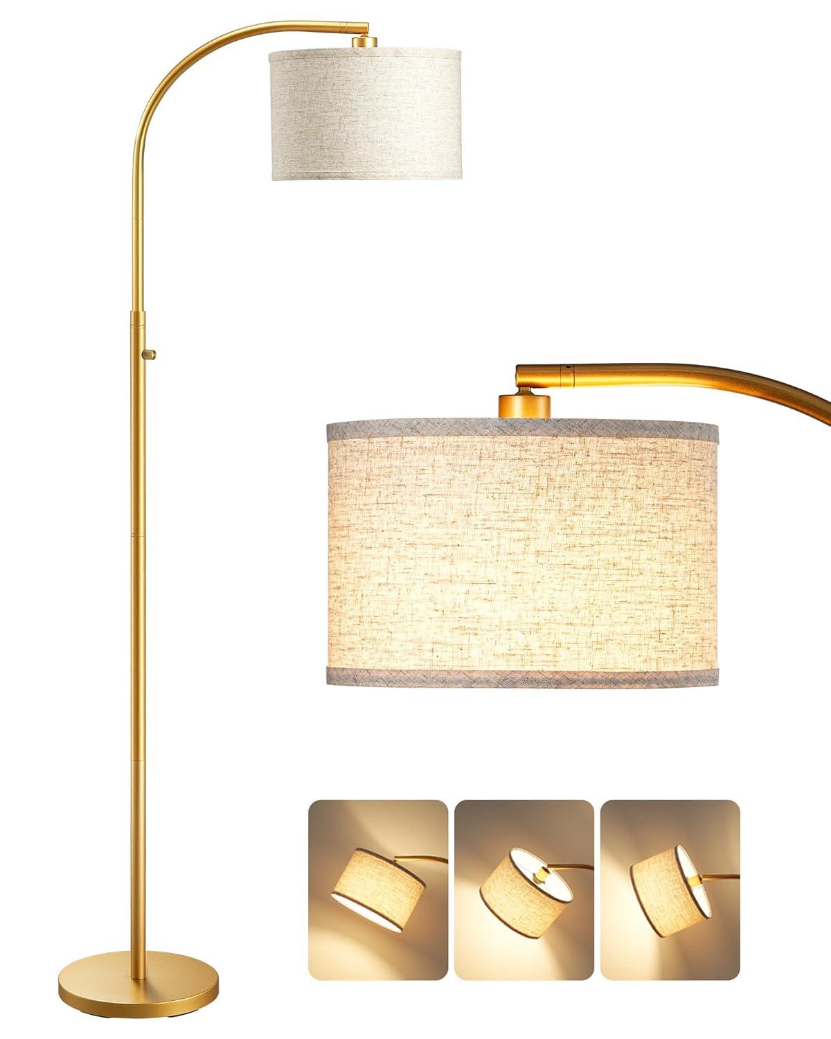 EDISHINE Modern Arc Floor Lamp with Beige Linen Drum Shade & Heavy Base, Dimmable Black Reading Light, Remote Control Bulb Included, Tall Standing Lamp for Reading, Office, Lighting
