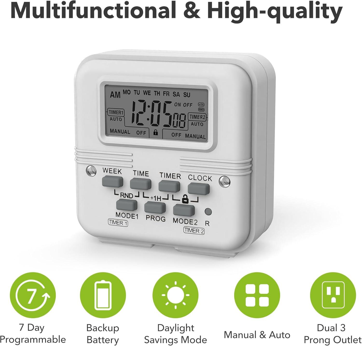 BN-LINK 7 Day Heavy Duty Digital Programmable Dual Outlet Timer - 2 Independently Programmable Grounded Outlets