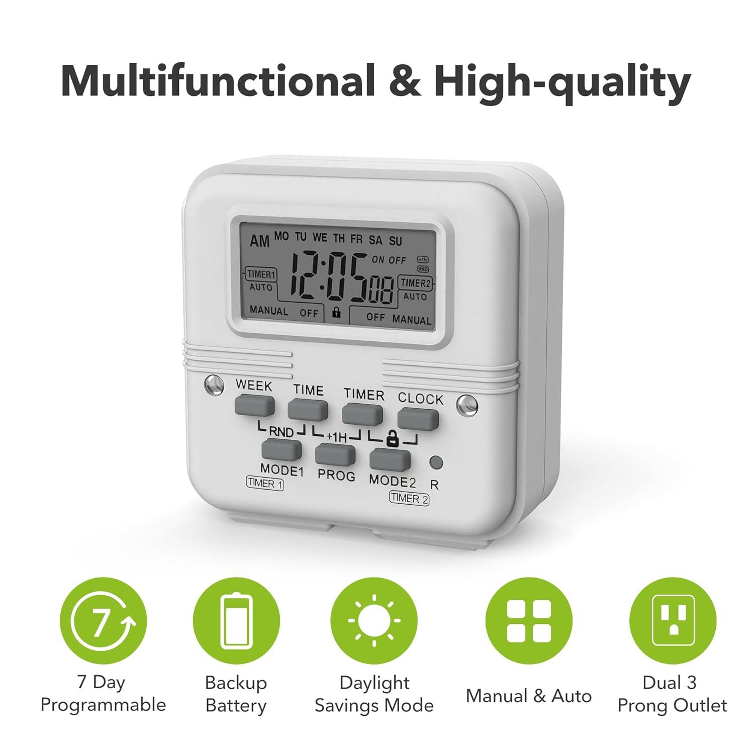 BN-LINK 7 Day Heavy Duty Digital Programmable Dual Outlet Timer - 2 Independently Programmable Grounded Outlets