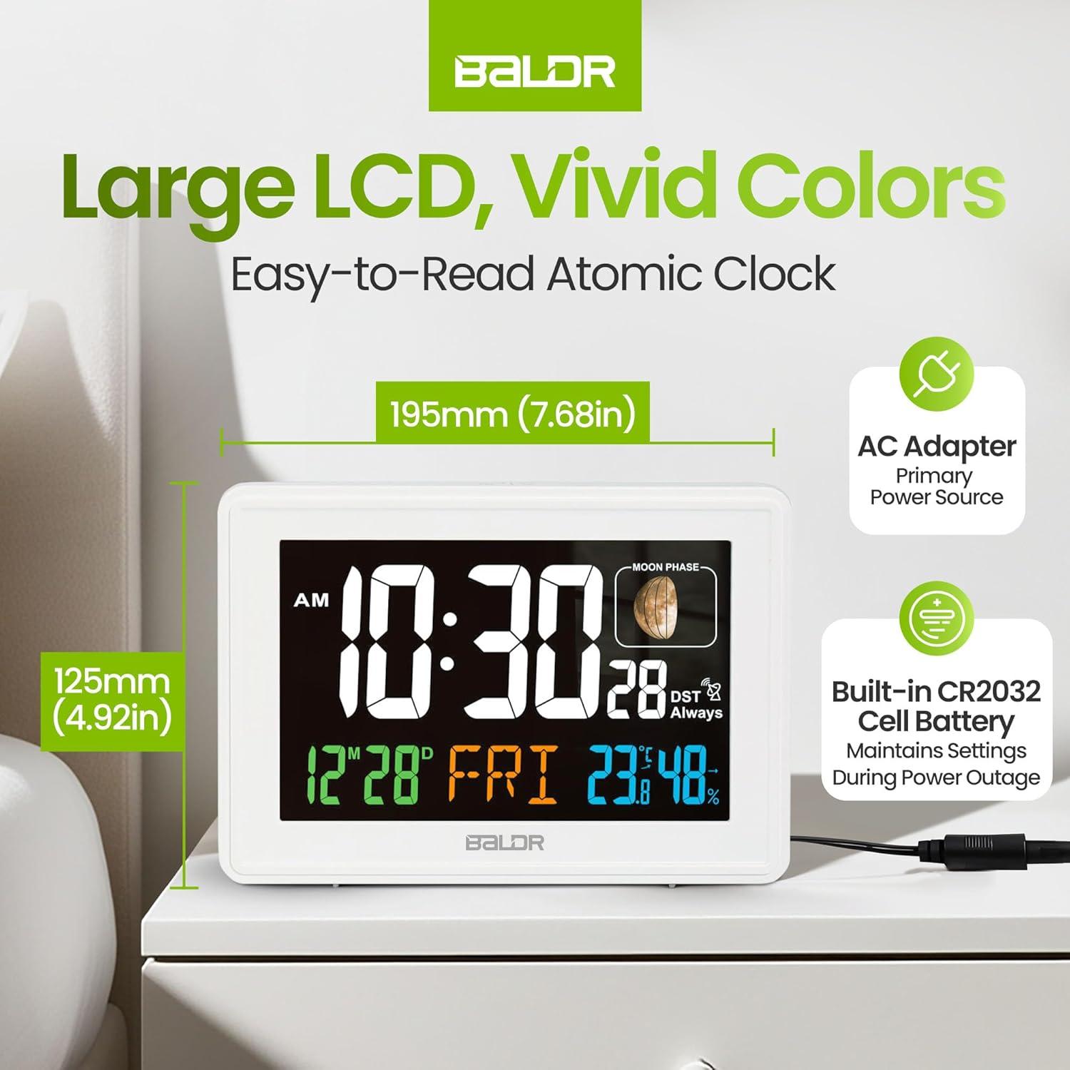 BALDR Atomic Alarm Clock - Large Color Display Digital Desk Clock (White)