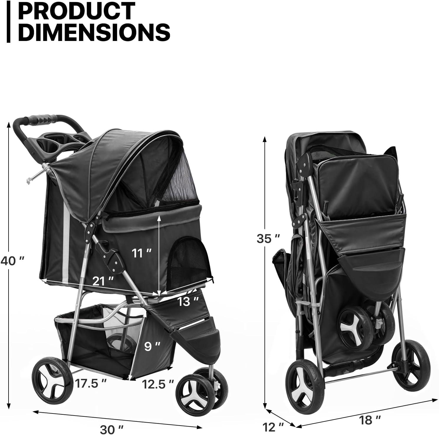 ATCHISON Foldable Pet Stroller, 3 Wheels Folding Carrier Jogger Stroller for Dogs Cats with Canopy and Basket