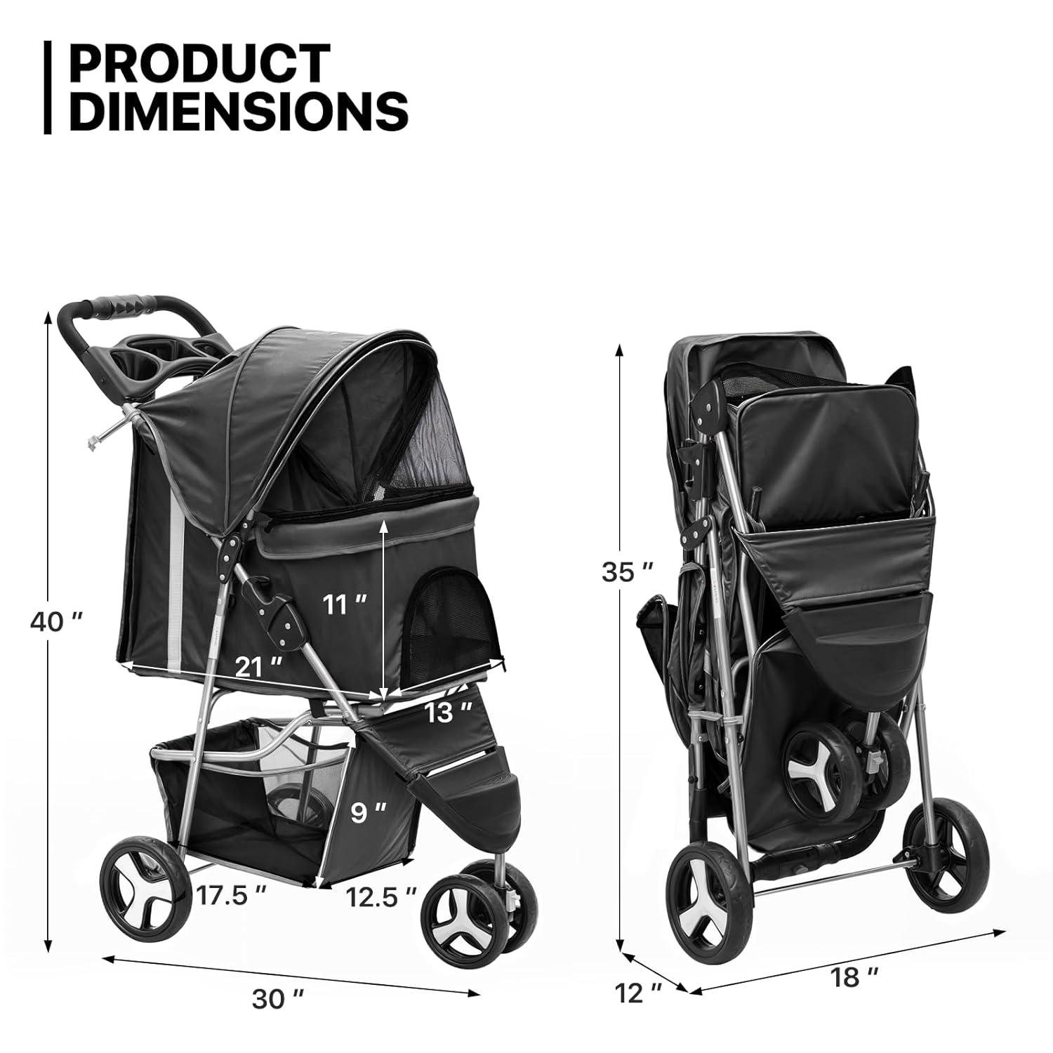 ATCHISON Foldable Pet Stroller, 3 Wheels Folding Carrier Jogger Stroller for Dogs Cats with Canopy and Basket