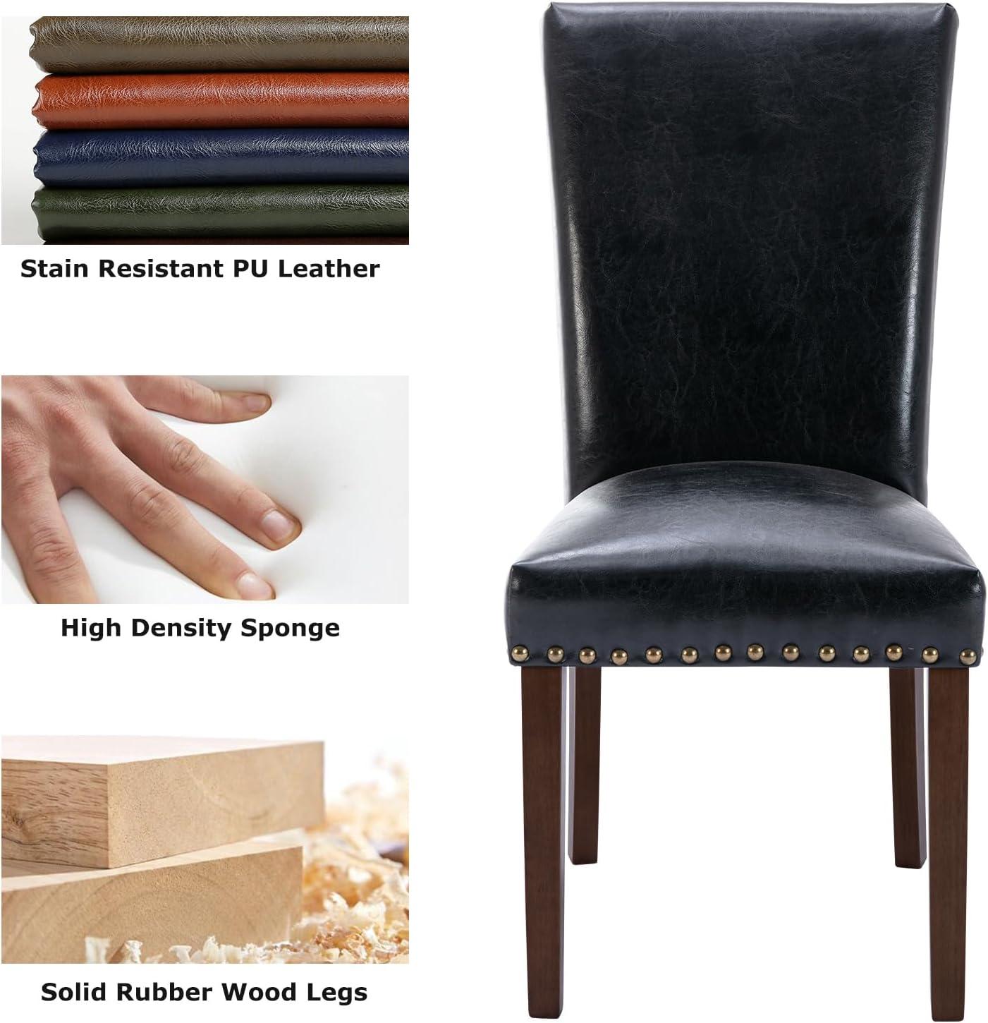 Colamy Black Upholstered Wood Legs Parsons Leather Dining Chairs with Nail head Trim Set of 2 for Dining Room
