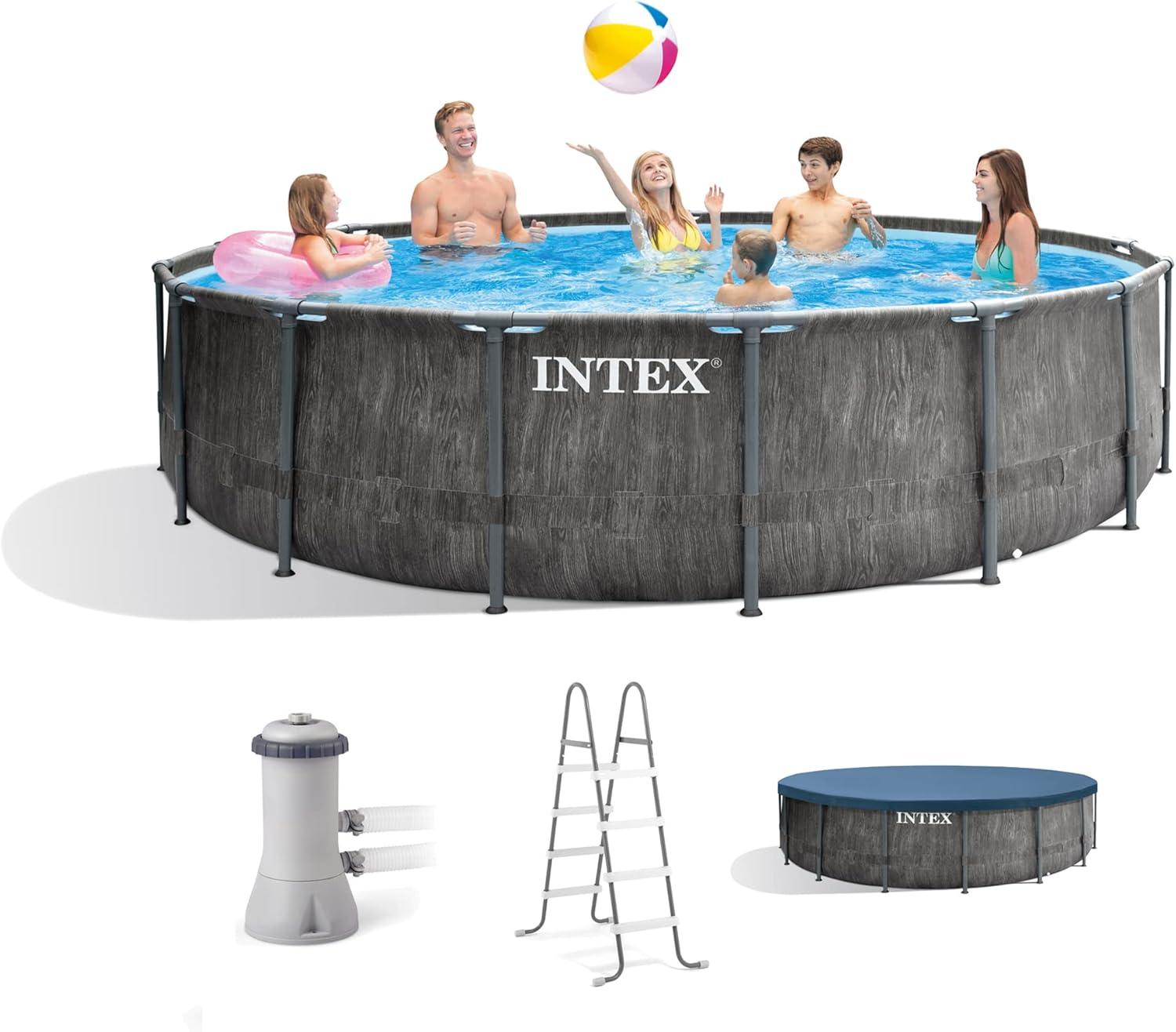 INTEX Round Prism Frame 15ft x 48in Above Ground Swimming Pool Set w/ Pump