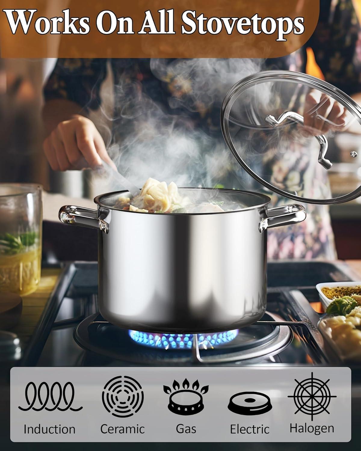 Cook N Home Stainless Steel Stockpot with Lid 6 Quart, Tri-Ply Clad Soup Pot, Induction Cooking pot, Silver