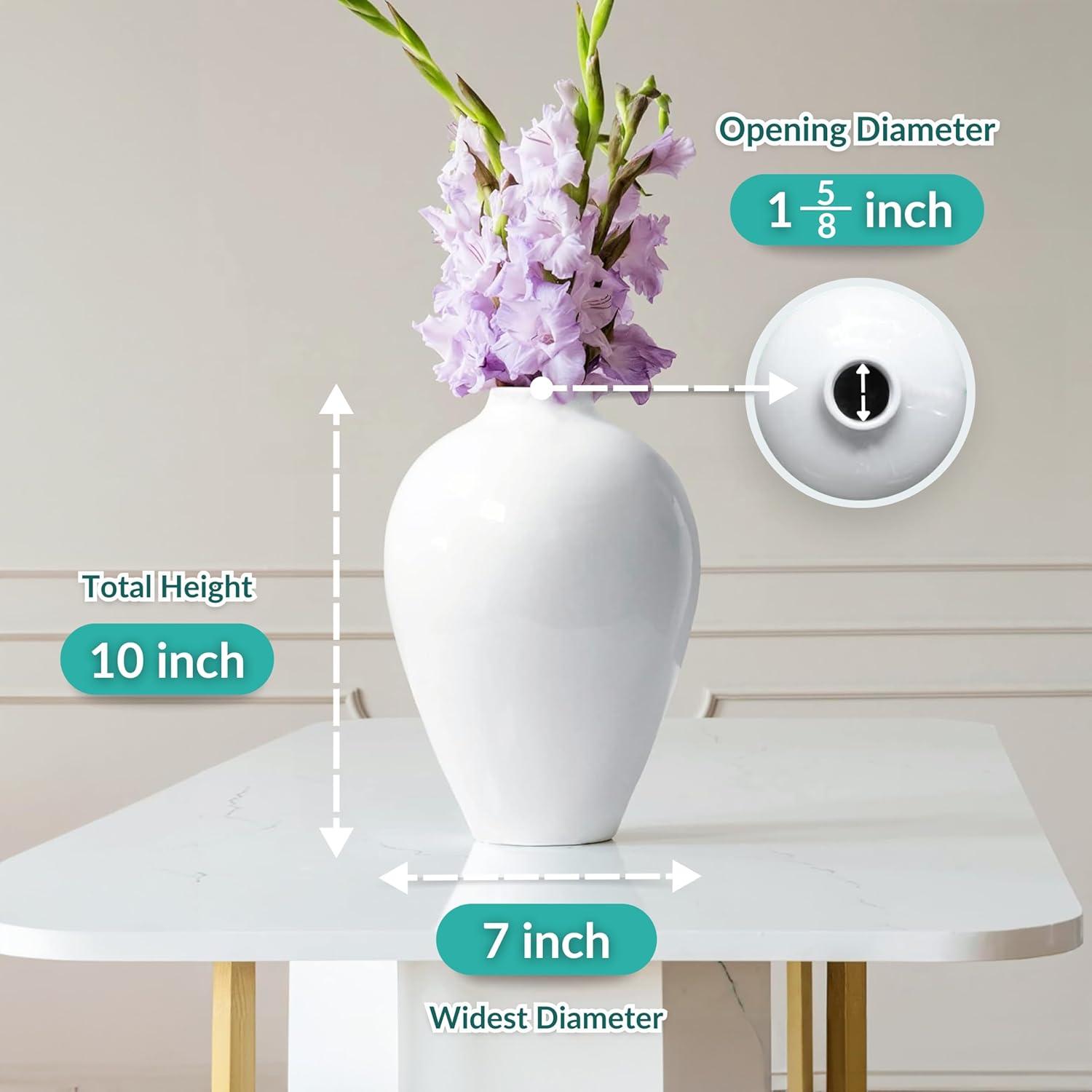 Willowy 10 Inch Elegant Glossy Porcelain Vase - White Ceramic Vase, Large Ceramic for Vases Home Decor, Tall White Decorative Vases for Pampas Grass