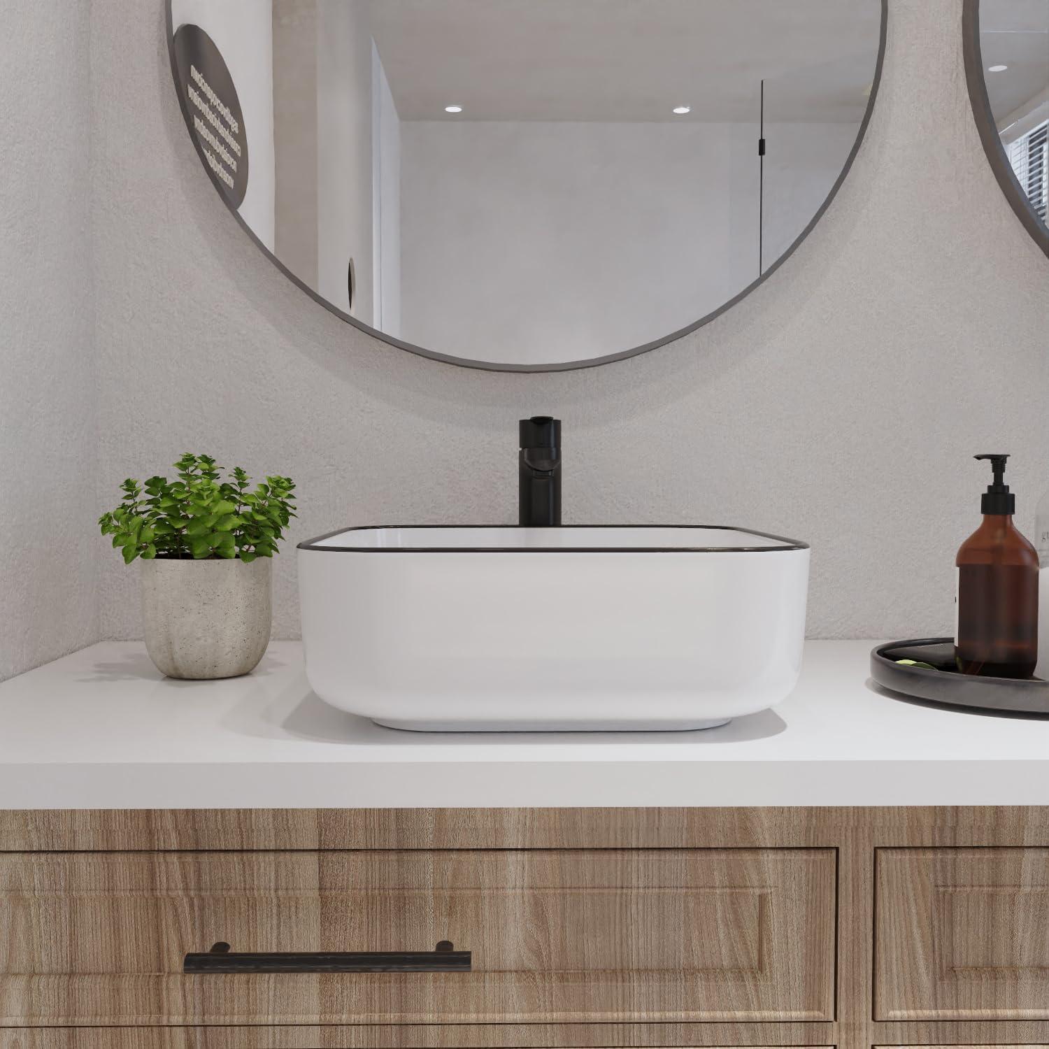 DeerValley Ace 15'' White/Black Square Ceramic Vessel Bathroom Sink
