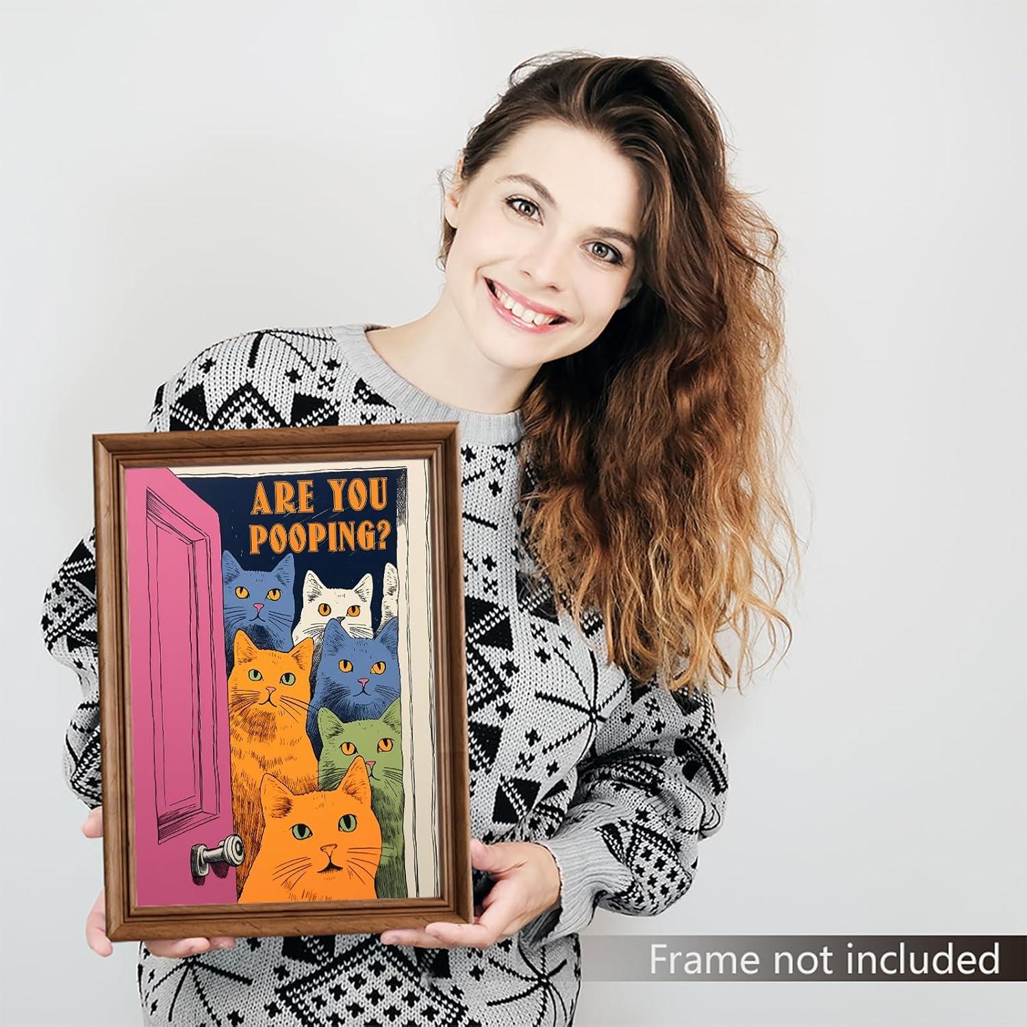 Funny Bathroom Cat Print Poster, Funky Are You Pooping Cat Sign Canvas Wall Art, Quirky Cats Witty Humor Pictures Artwork for Toilet Wall Decor 12x16in Unframed