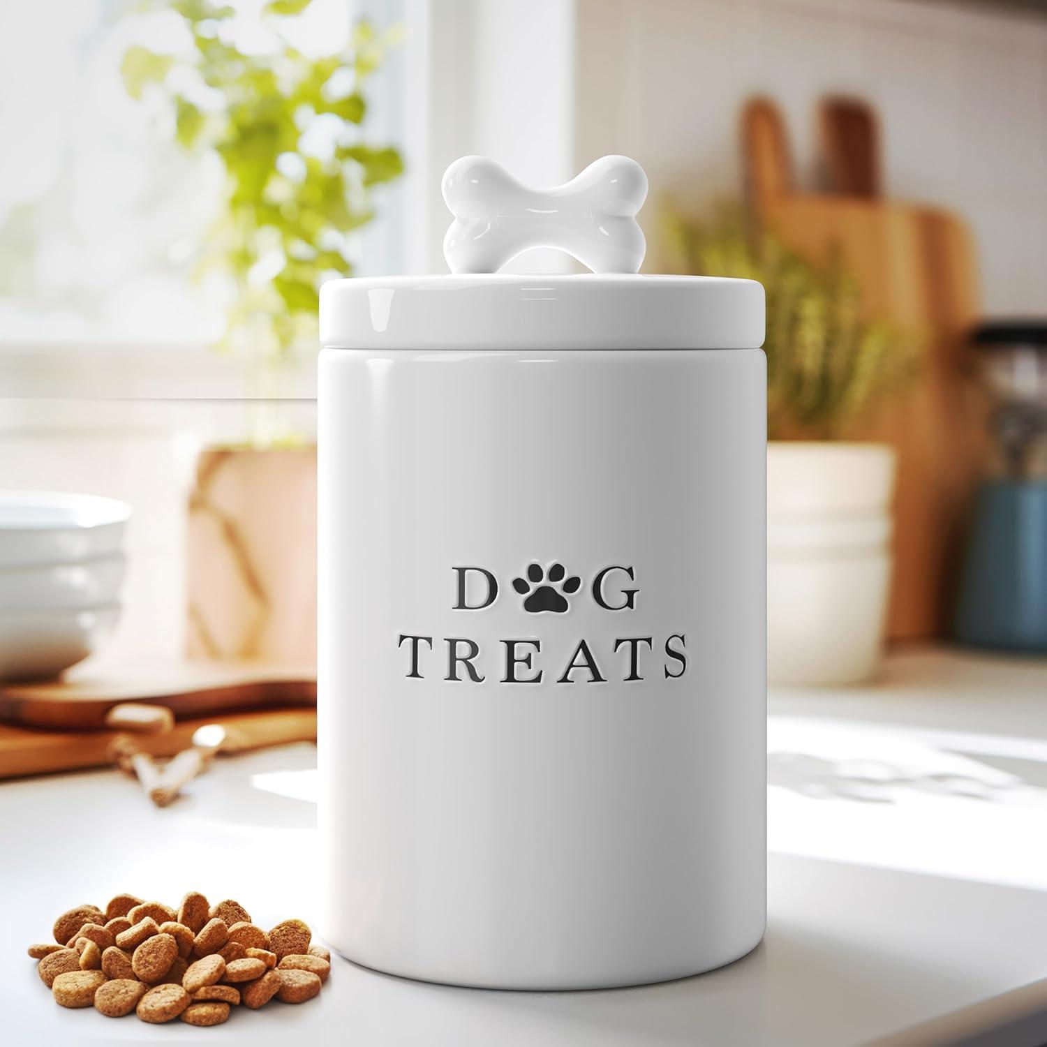 White Ceramic Airtight Dog Treat Jar with Bone Handle