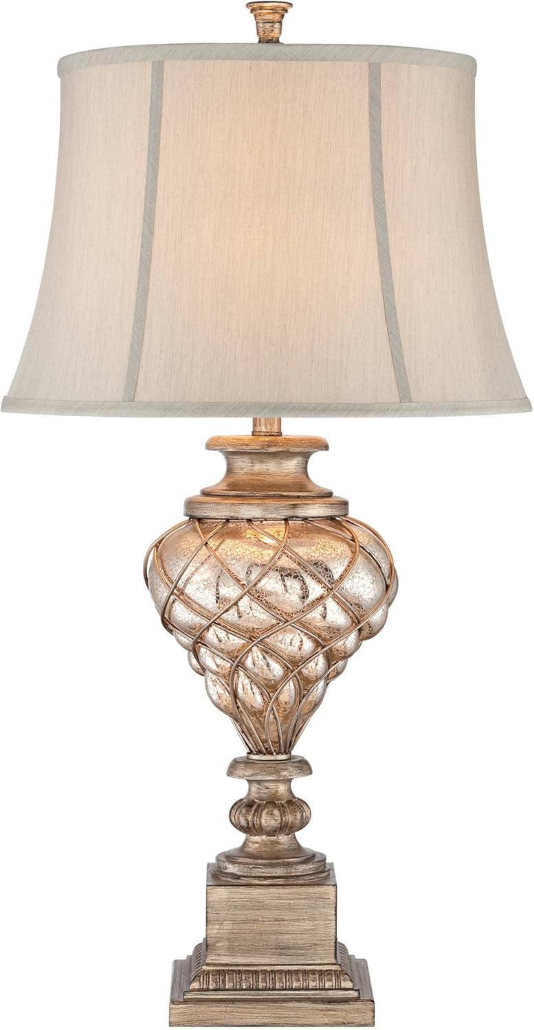 Barnes and Ivy Traditional Table Lamp with LED Nightlight Dimmer 33 3/4" Tall Mercury Glass Off-White Shade for Bedroom Nightstand
