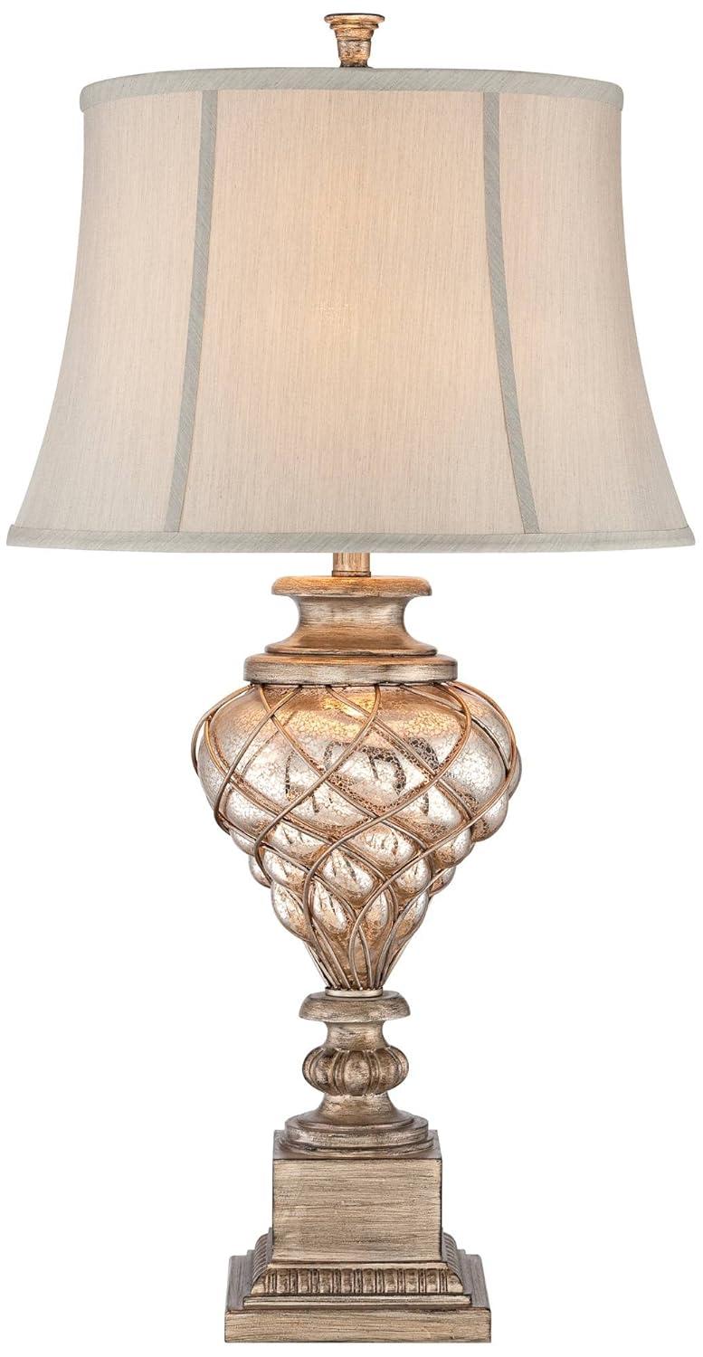 Barnes and Ivy Traditional Table Lamp with LED Nightlight Dimmer 33 3/4" Tall Mercury Glass Off-White Shade for Bedroom Nightstand