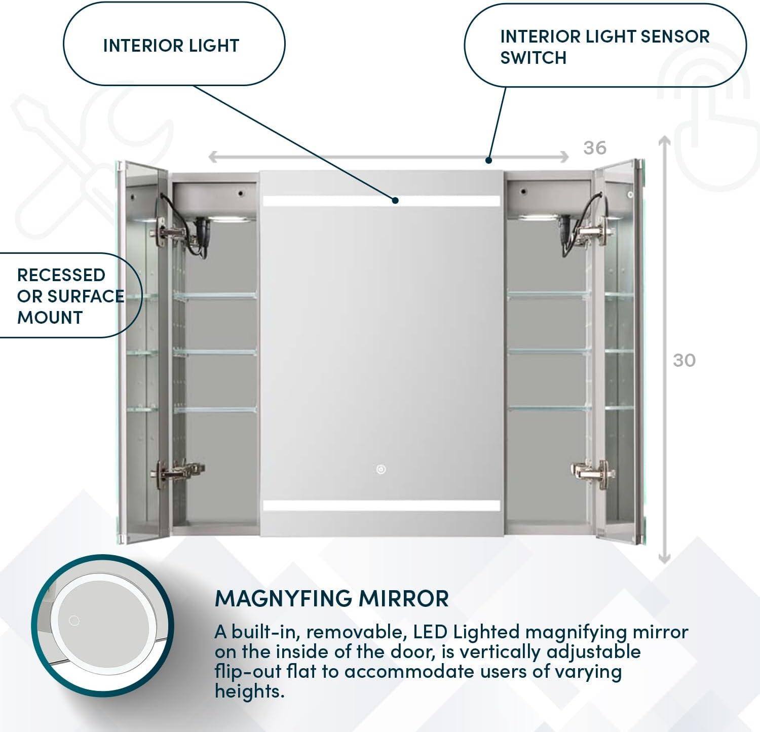 Royale Plus 36" Brushed Aluminum LED Medicine Cabinet with Defogger