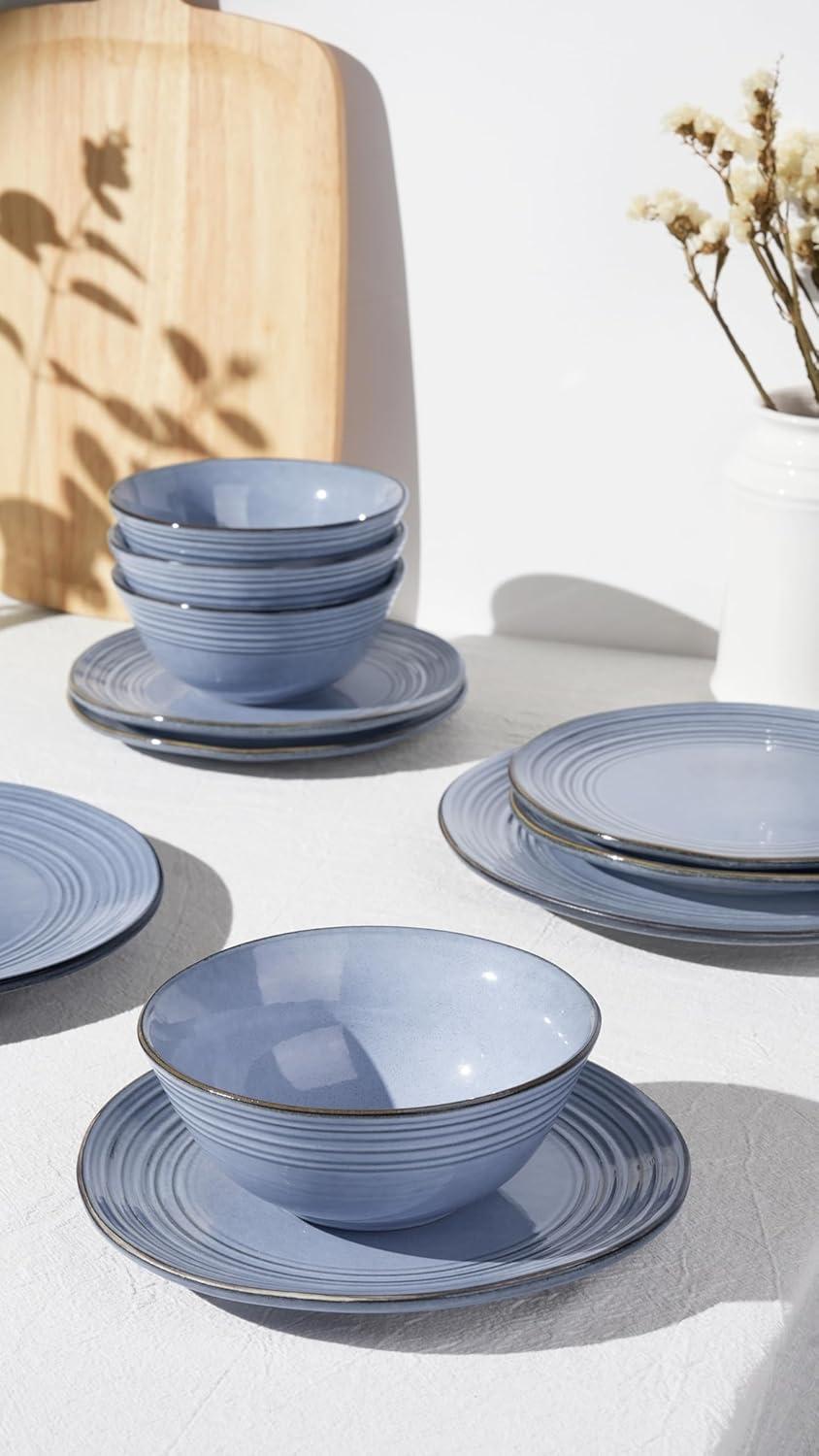 Blue Ceramic 12-Piece Dinnerware Set for 4 with Hand Painted Finish