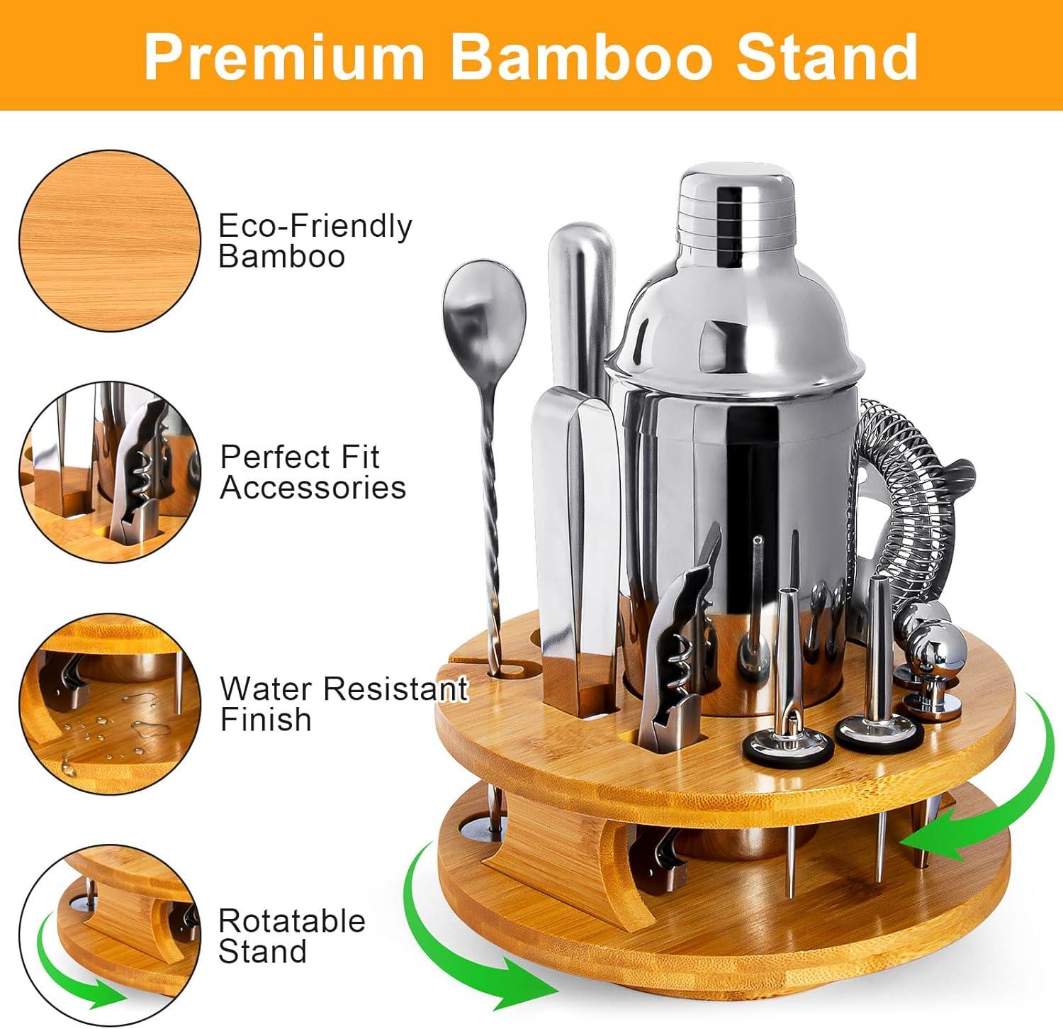 12 Pieces Bar Bartender Kit Cocktail Shaker Stainless Steel Set with Sleek Bamboo Tray (350ML)