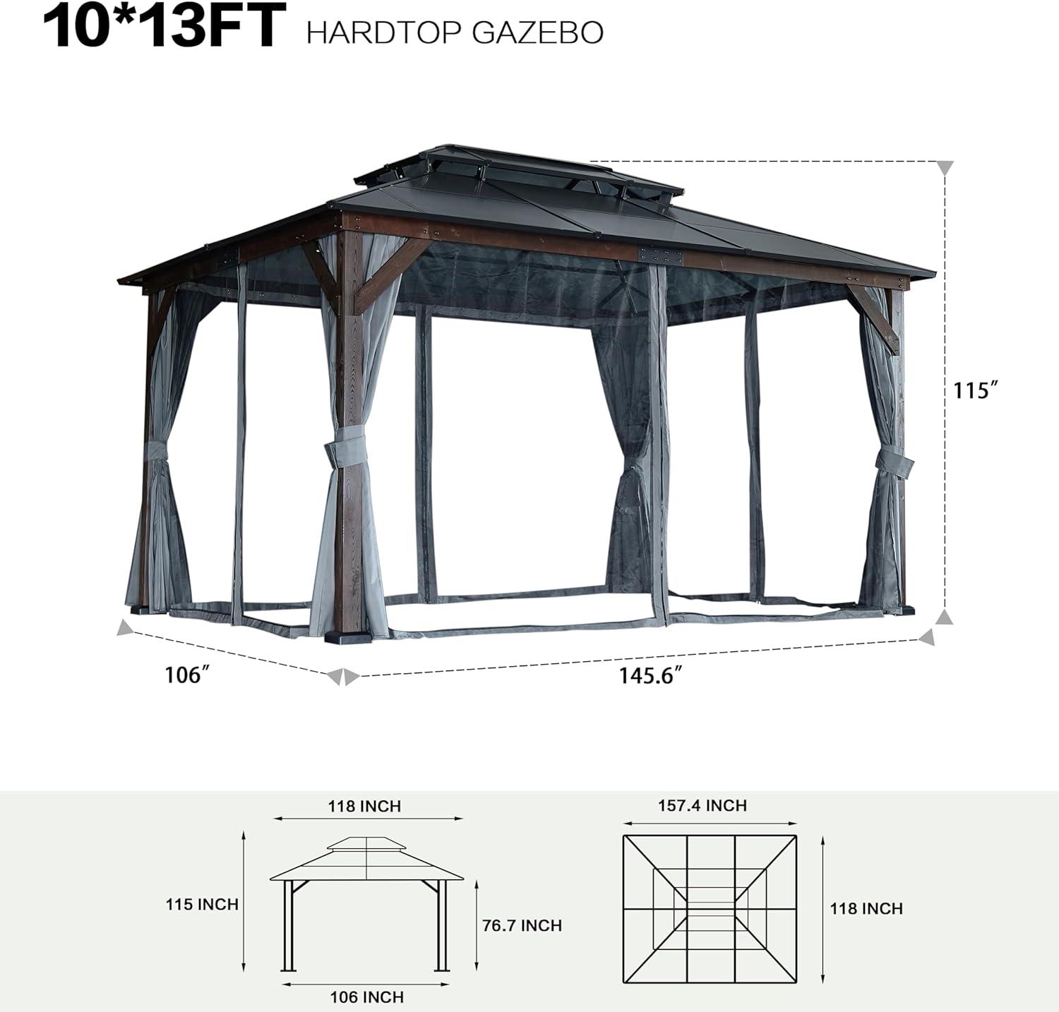 Large Brown and Black Solid Wood Gazebo with Polycarbonate Roof