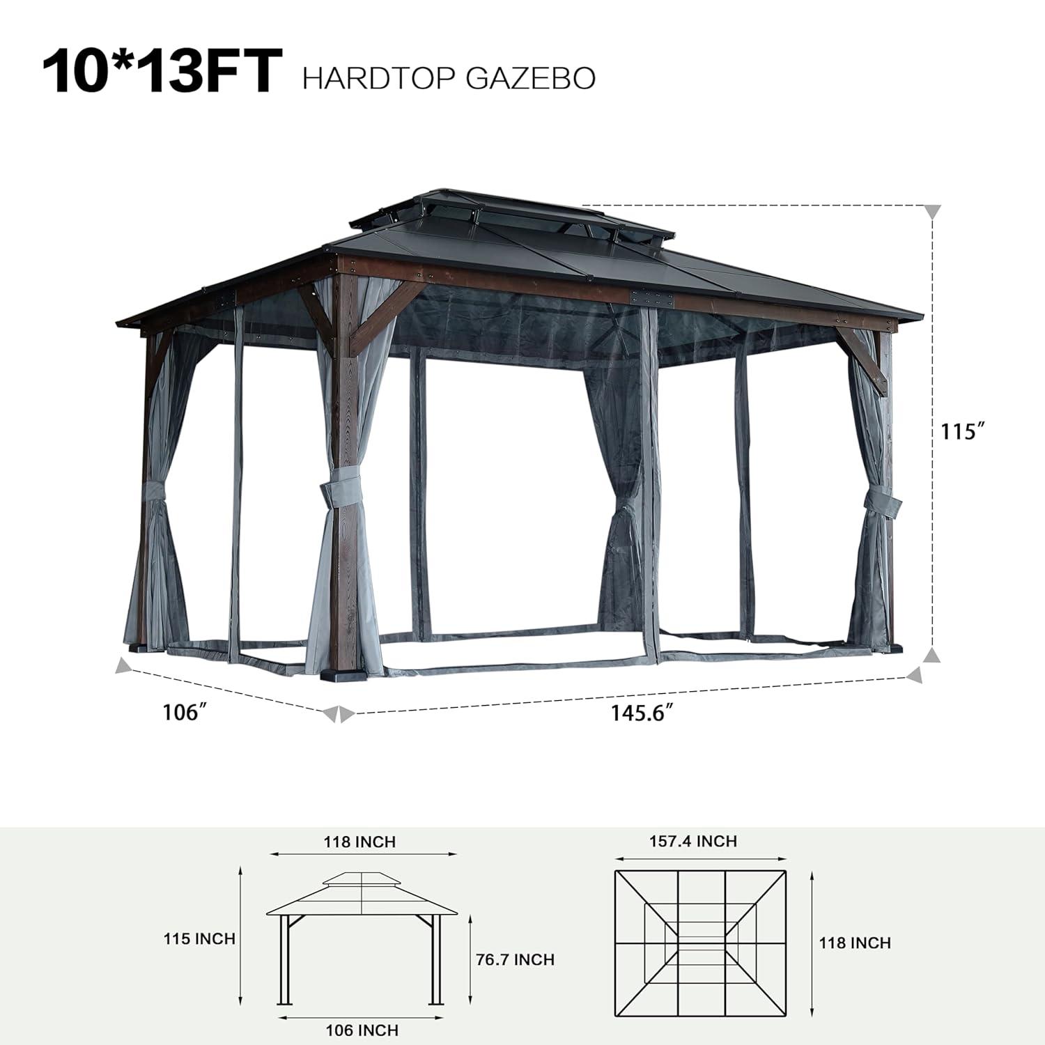 Large Brown and Black Solid Wood Gazebo with Polycarbonate Roof