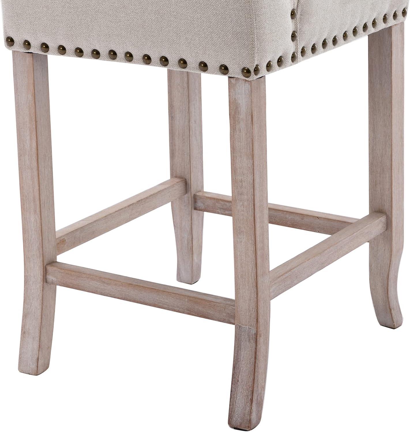 Guyou Modern Tufted Bar Stool Set of 2, 26" Counter Height Bar Stool with Back and Nailhead Trim, Linen Upholstered Solid Wood Kitchen Island Chair Barstools for Bar Restaurant Cafe Dining Room, Beige