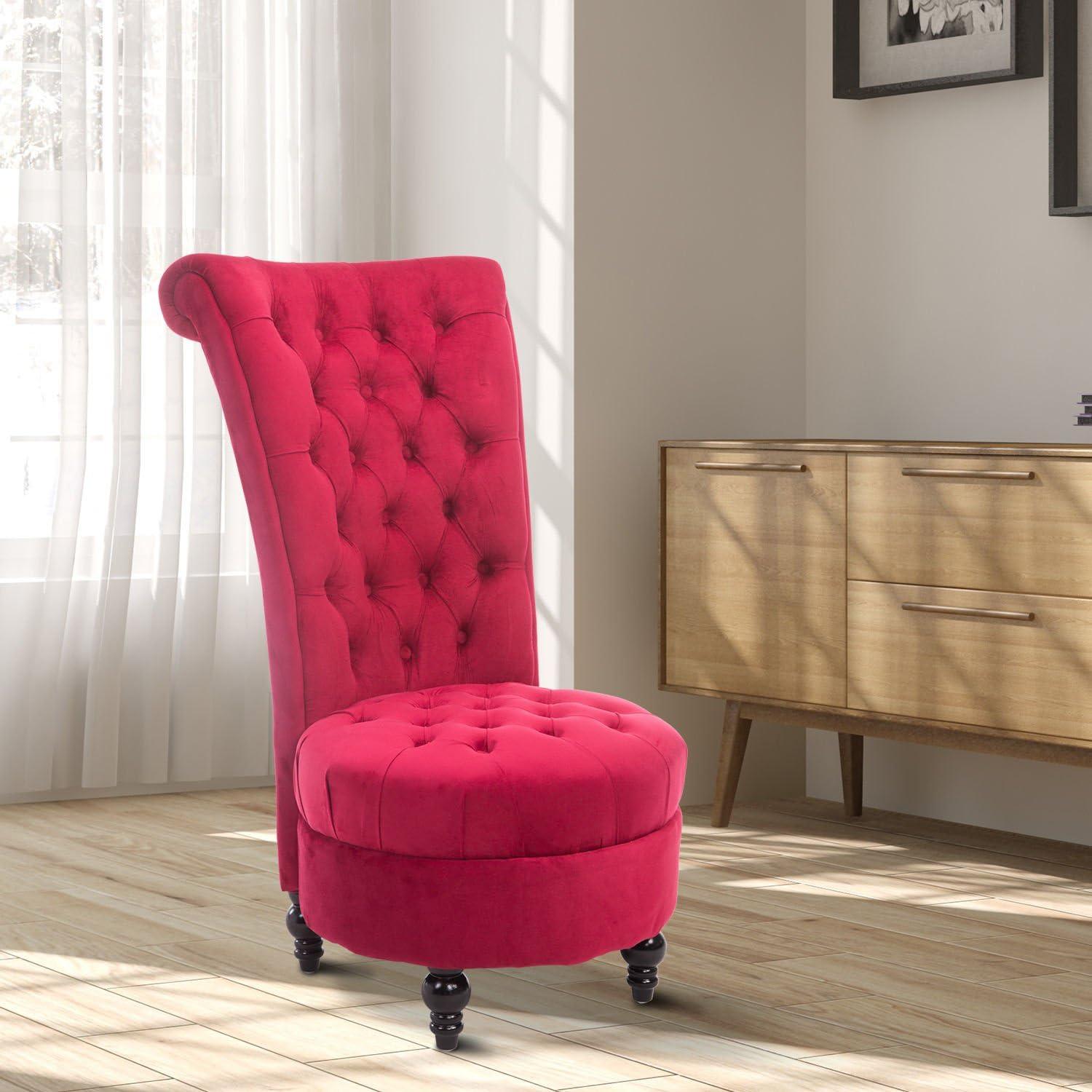 HOMCOM High Back Accent Chair, Upholstered Armless Chair, Retro Button-Tufted Royal Design with Thick Padding and Rubberwood Leg, Crimson Red