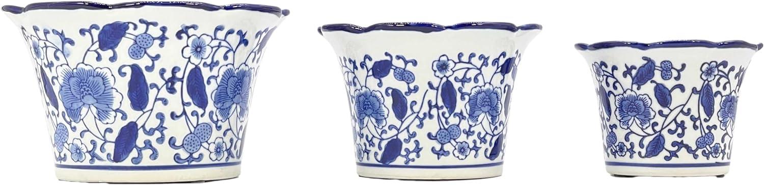 Set of 3 Blue & White Floral Ceramic Pots Ruffled Lip