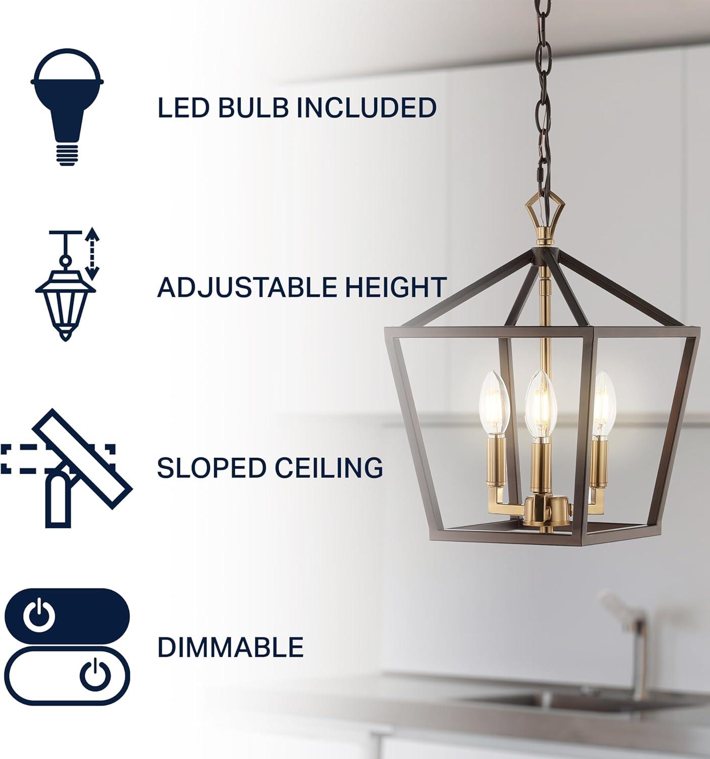 Ojai 10" 3-Light Iron Classic Modern Lantern LED Pendant, Oil Rubbed Bronze/Brass Gold