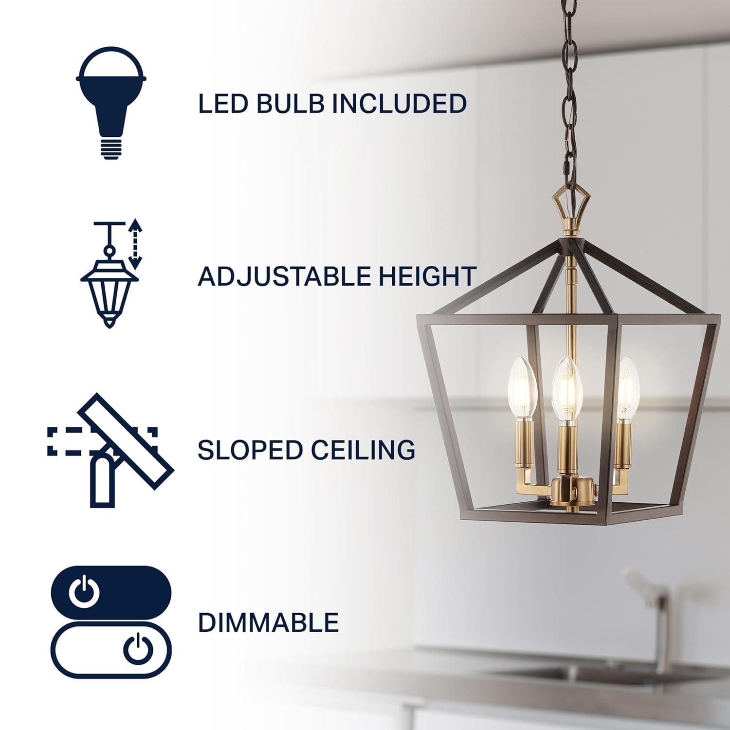 Ojai 10" 3-Light Iron Classic Modern Lantern LED Pendant, Oil Rubbed Bronze/Brass Gold