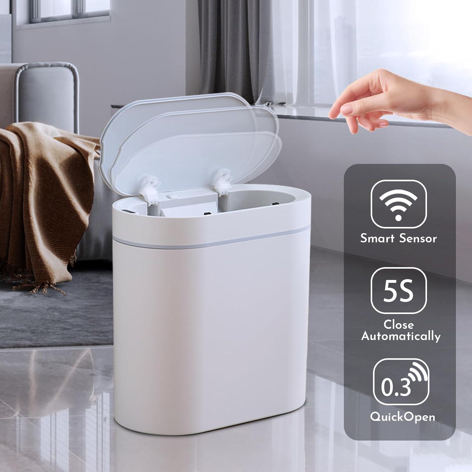 Bathroom Trash Can with Lid 2 Gallon Slim Motion Sensor Garbage Can Narrow Automatic Plastic Trash Bin for Bedroom, Living Room, Toilet, Office (White)