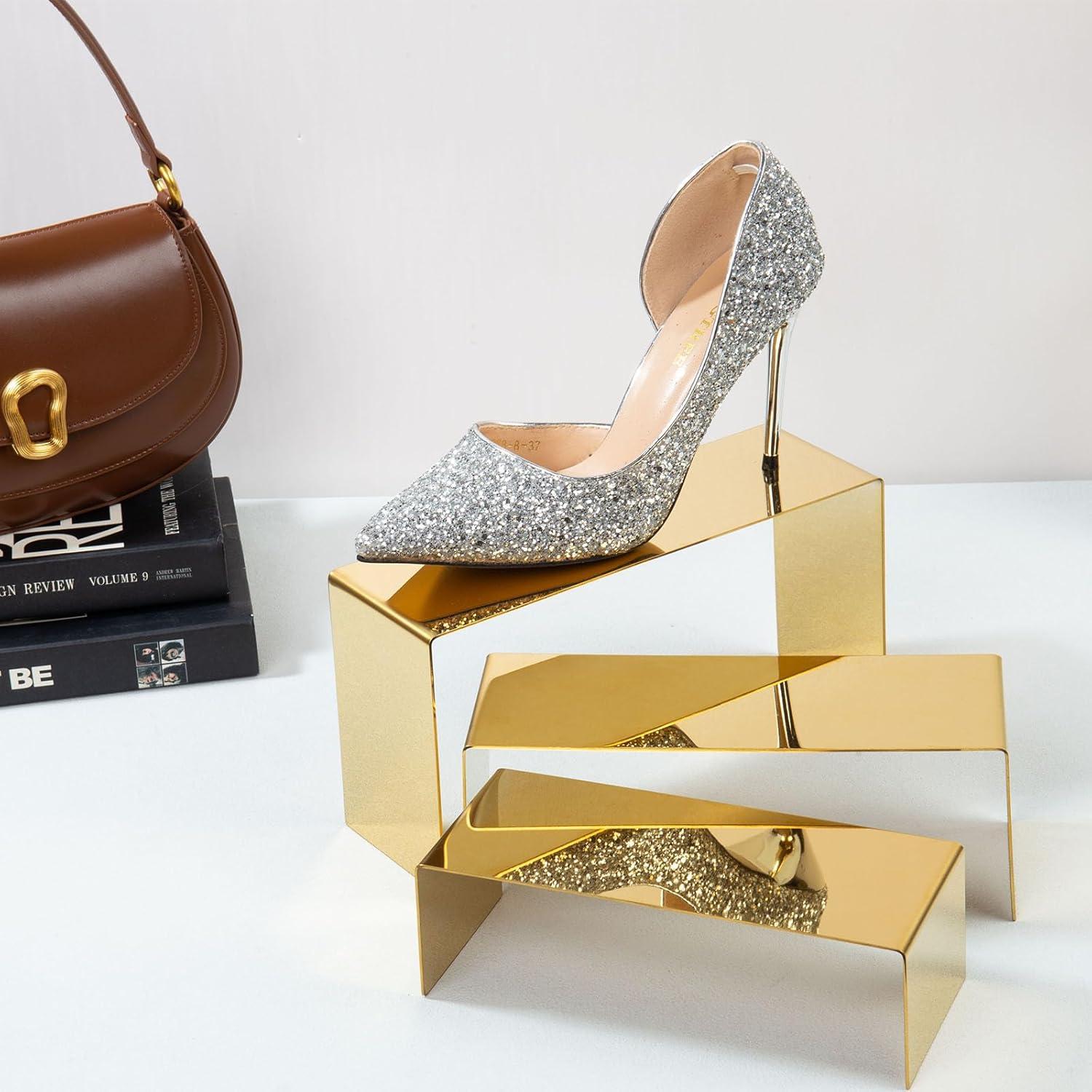 Purse Display Stand, 3 Gold Risers Display Stands Stainless Steel, Heavy Duty Countertop Shoes Stand Handbag Holder Risers for Home Boutique Retail Store Vendor Display Bags Perfume Jewelry Craft