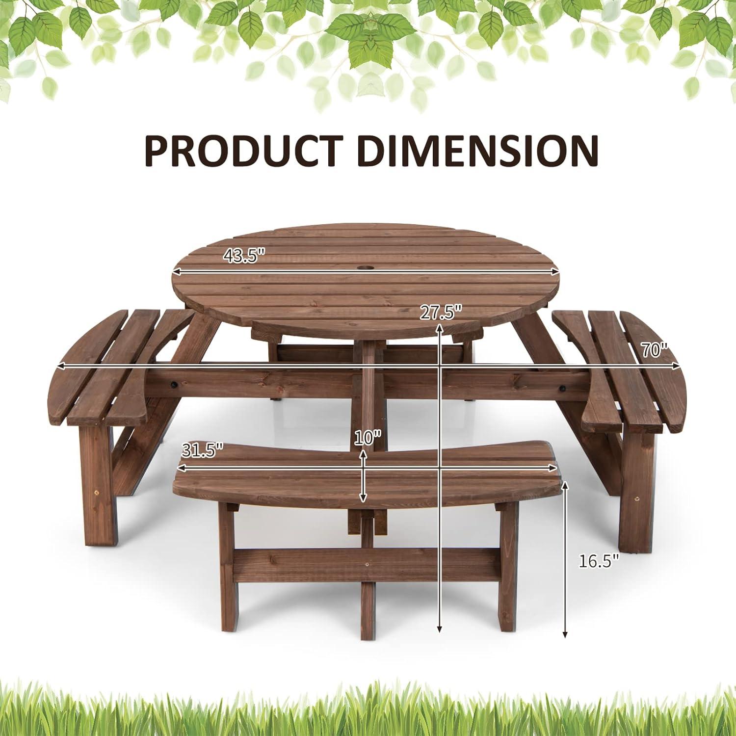 70" Brown Wooden Round Picnic Table with Built-In Benches