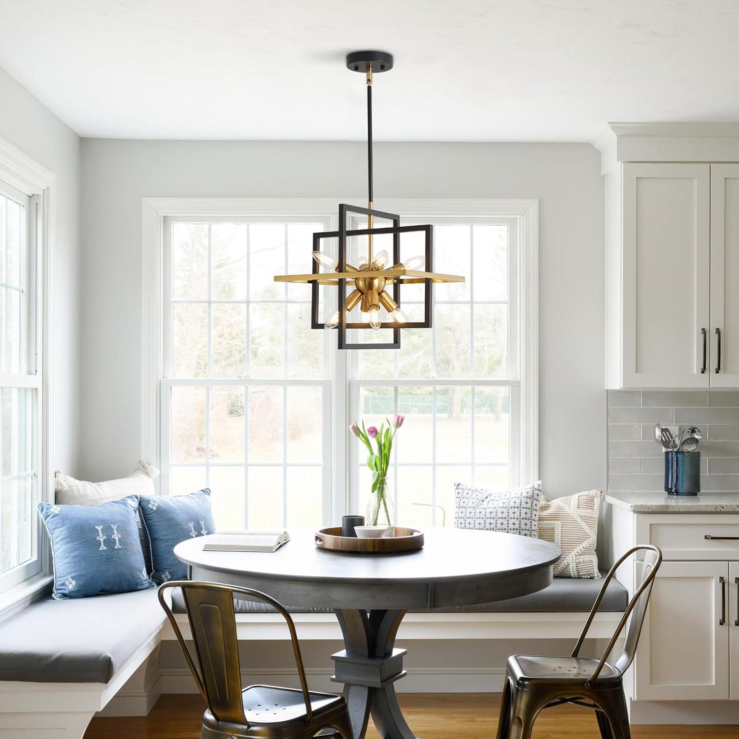 Modern Black and Gold Chandelier, 8-Light Geometric Pendant Light Fixture, Dining Light Fixtures Adjustable Chandelier for Dining Room Entryway Foyer Hallway Bedroom Living Room Kitchen Island