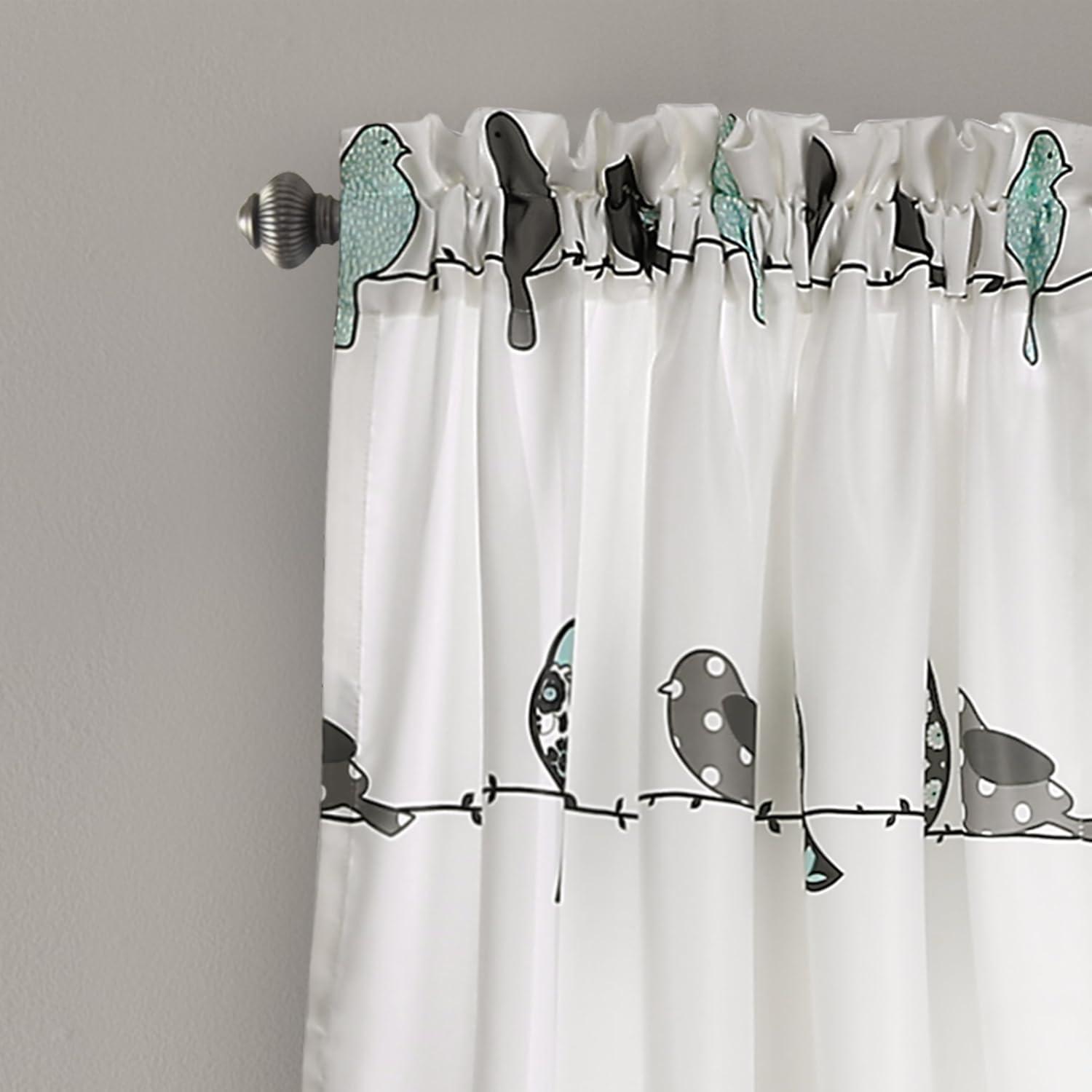 Whimsical Blue and Gray Bird Print Light Filtering Curtains, 52" x 84"