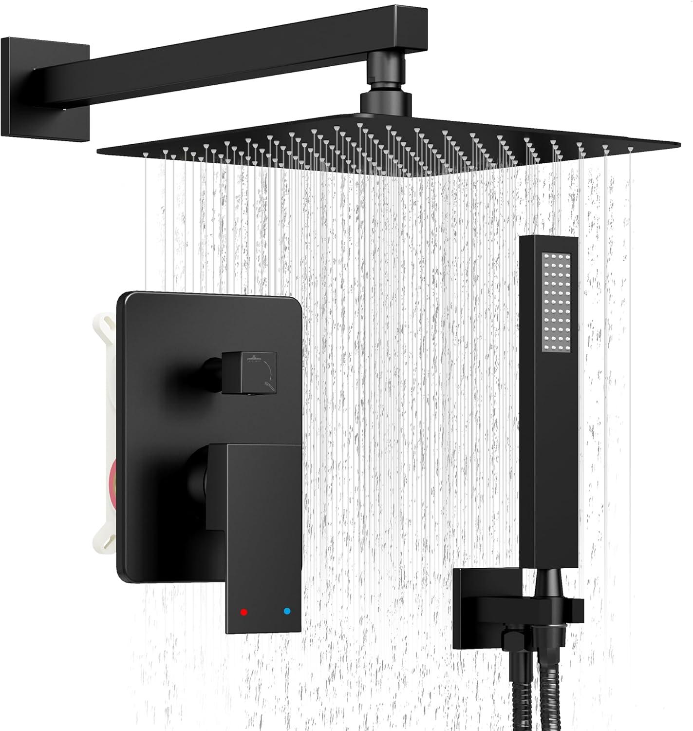 Shower Faucet Set 12" Matte Black Shower Head And Handle Set Rainfall Shower System with Square Rain Shower Head and High Pressure Handheld Spray