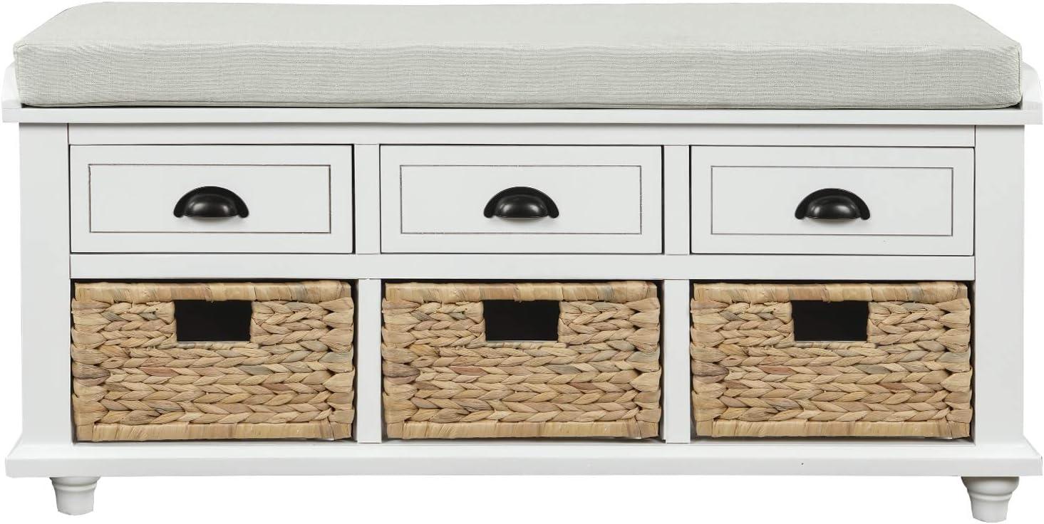 Harper & Bright Designs TREXM Rustic Storage Bench with 3 Drawers and 3 Rattan Baskets, Shoe Bench for Living Room, Entryway (White)