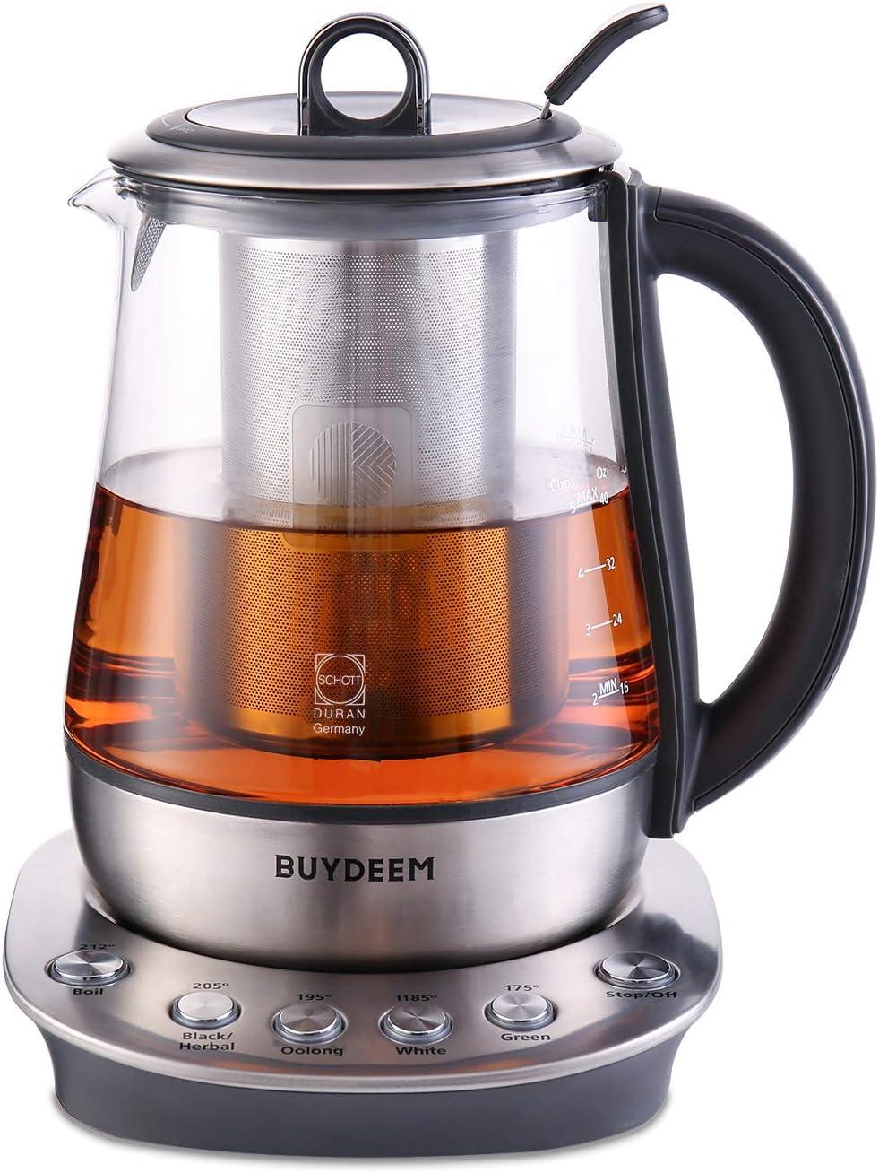 BUYDEEM Electric Tea Maker with Removable Infuser, Stainless Steel & German Schott Glass Kettle, Auto Keep Warm, 1.2L