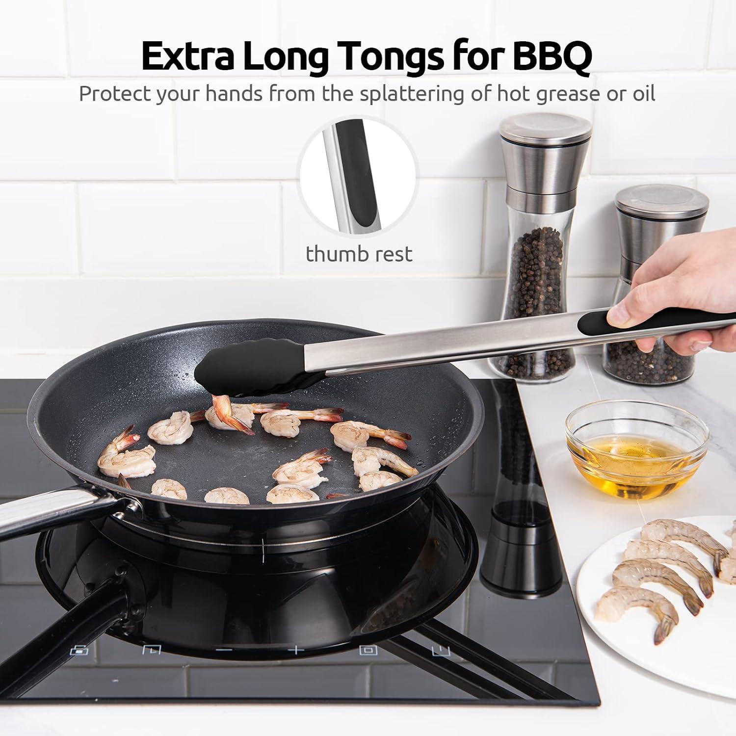 Black 16" Silicone and Stainless Steel Heat Resistant Kitchen Tongs