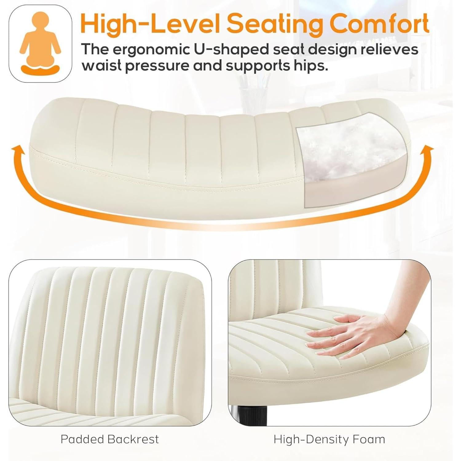 Criss Cross Chair, Cross Legged Office Chair, Wide Comfort Desk Chair, No Wheels Armless Computer Task Chair, Swivel Leather Vanity Home Chair, Height Adjustable