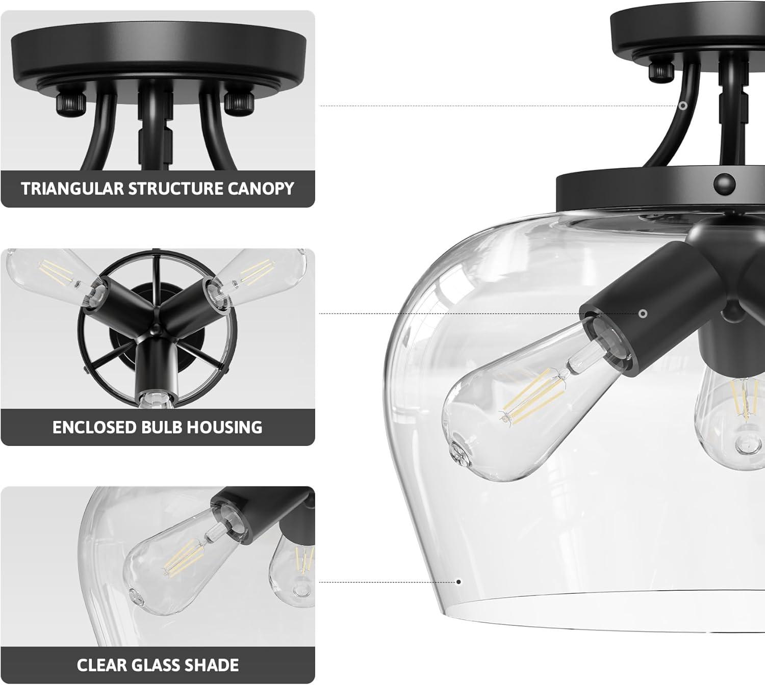 VONLUCE Semi Flush Mount Ceiling Light, 3-Bulb Black Ceiling Light Fixture with Clear Glass Shade, 13.8" Industrial Ceiling Light Fixture for Hallway Foyer Kitchen Entryway Bedroom, E26 Base